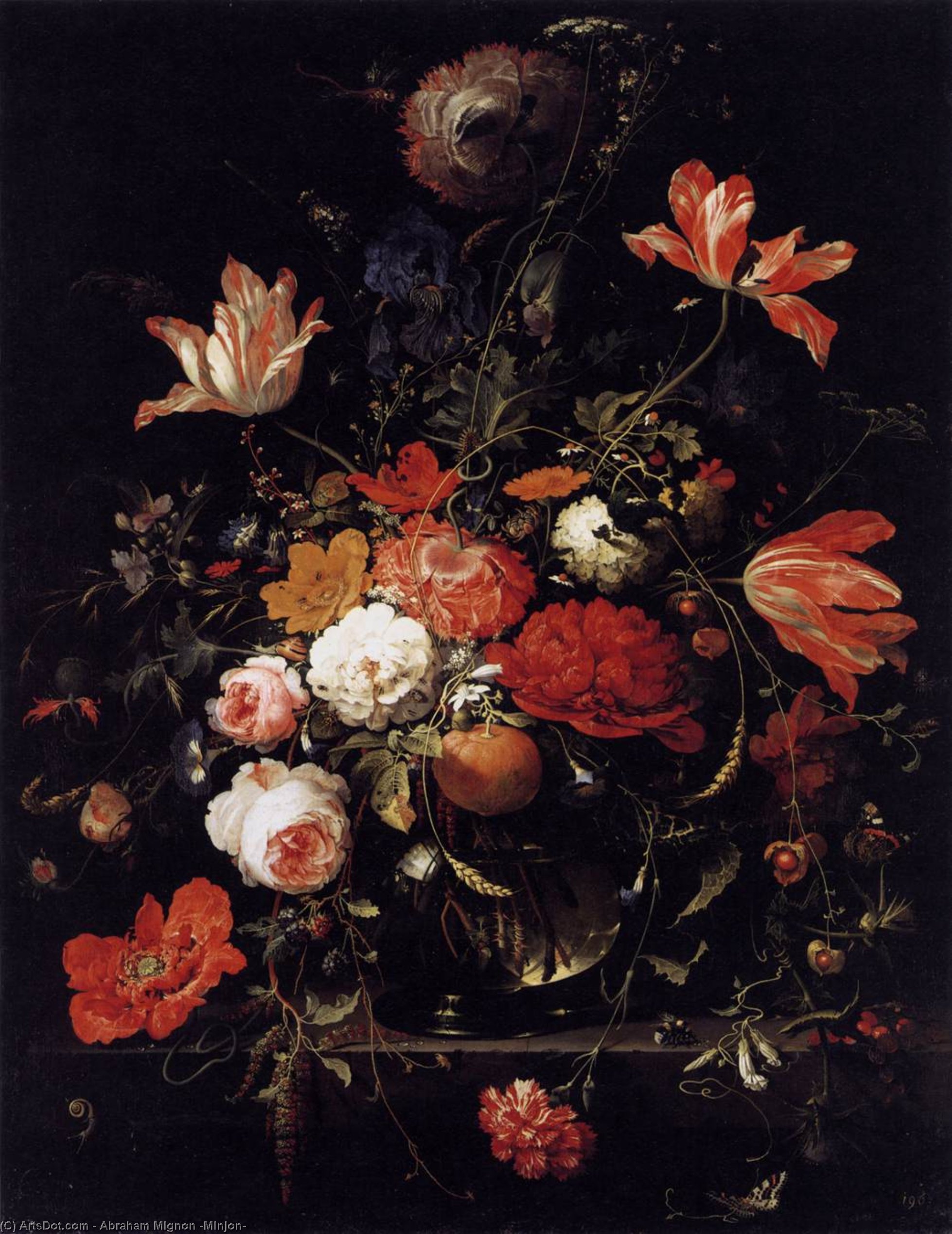 Wikioo.org - The Encyclopedia of Fine Arts - Painting, Artwork by Abraham Mignon (Minjon) - A Glass of Flowers and an Orange Twig