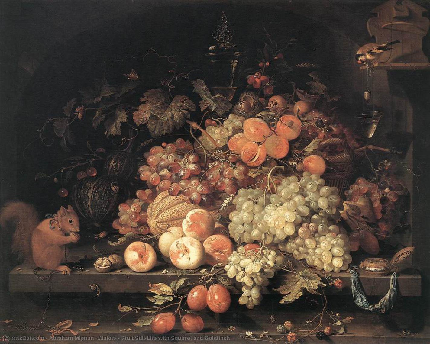 Wikioo.org - The Encyclopedia of Fine Arts - Painting, Artwork by Abraham Mignon (Minjon) - Fruit Still-Life with Squirrel and Goldfinch
