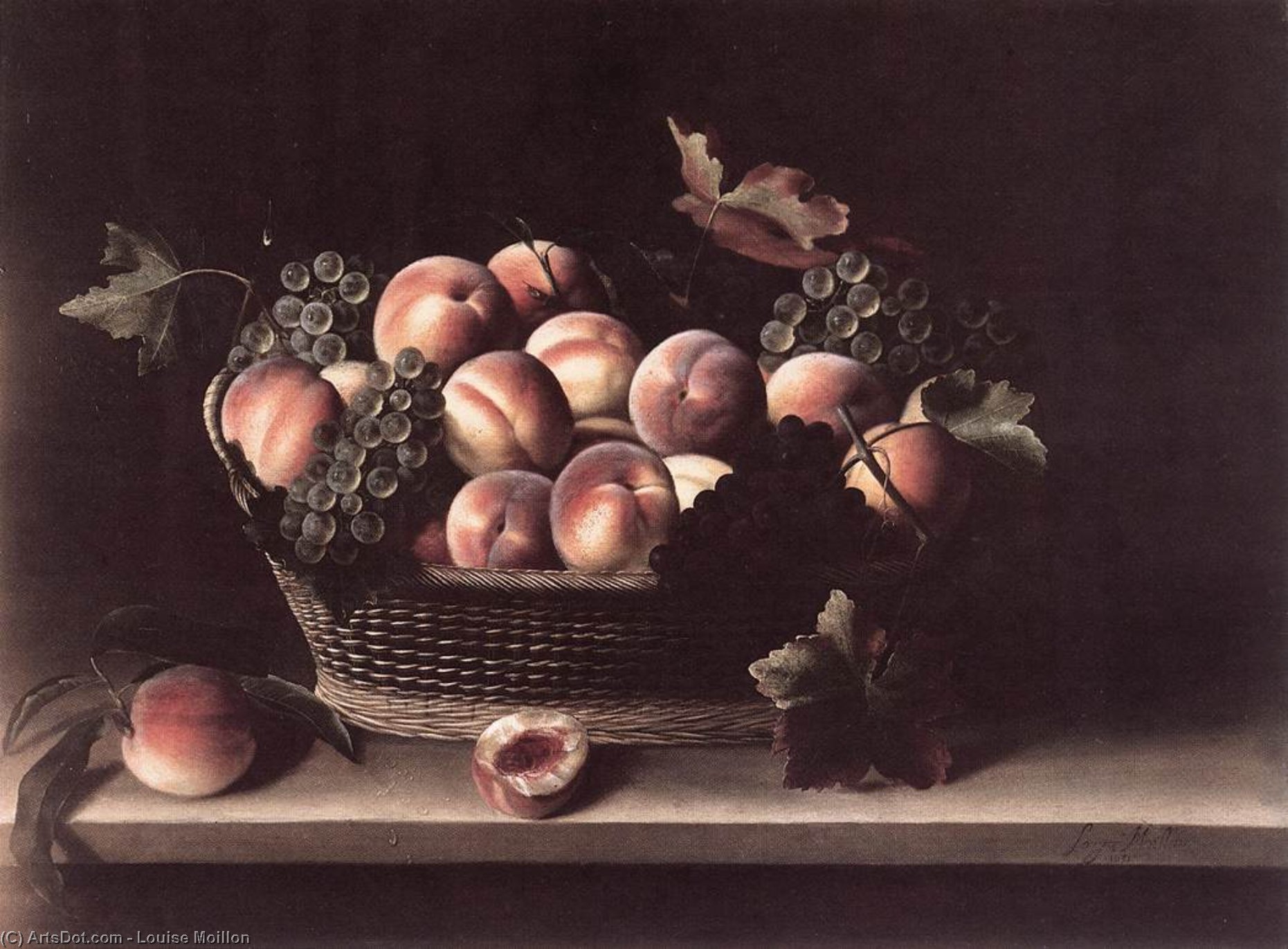 Wikioo.org - The Encyclopedia of Fine Arts - Painting, Artwork by Louise Moillon - Basket with Peaches and Grapes