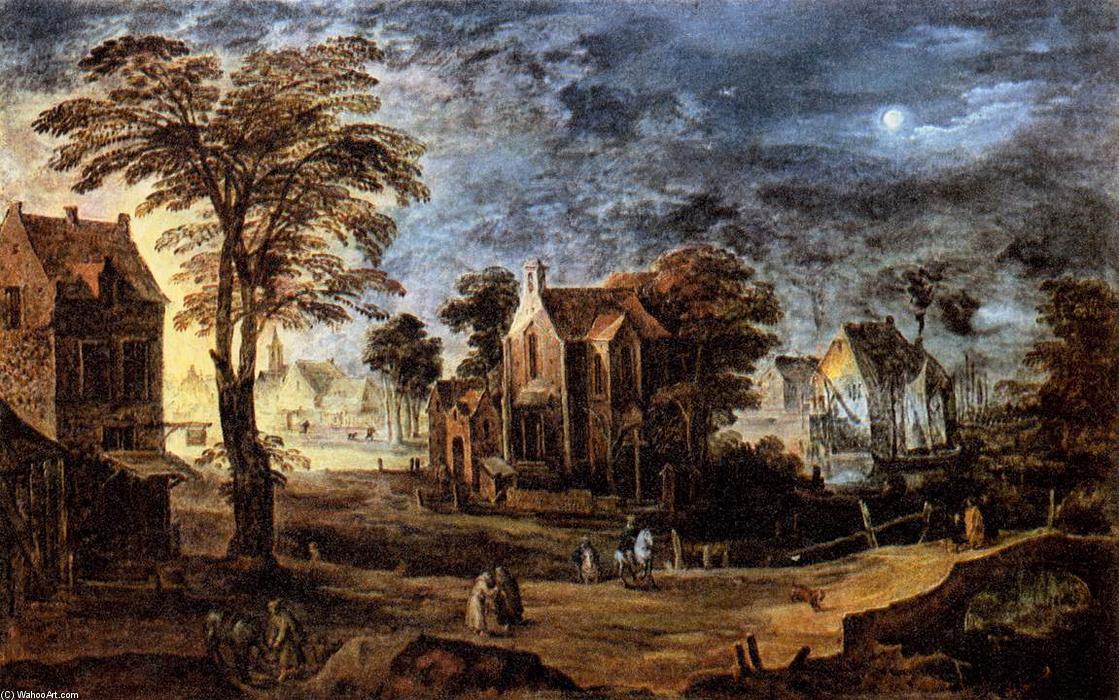 Wikioo.org - The Encyclopedia of Fine Arts - Painting, Artwork by Joos De Momper - Village at Full Moon