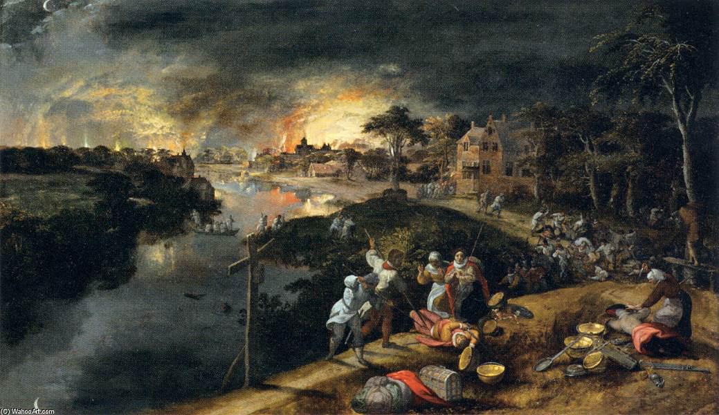 Wikioo.org - The Encyclopedia of Fine Arts - Painting, Artwork by Gillis Mostaert - Scene of War and Fire