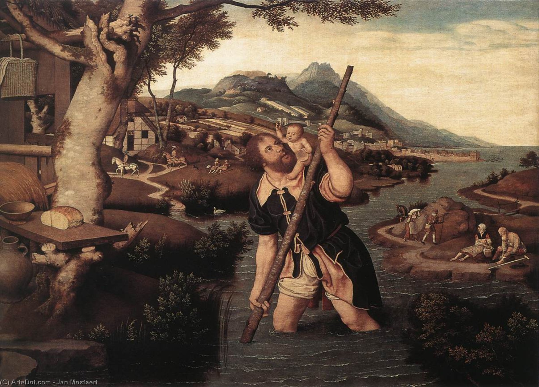 Wikioo.org - The Encyclopedia of Fine Arts - Painting, Artwork by Jan Mostaert - Hilly River Landscape with St Christopher