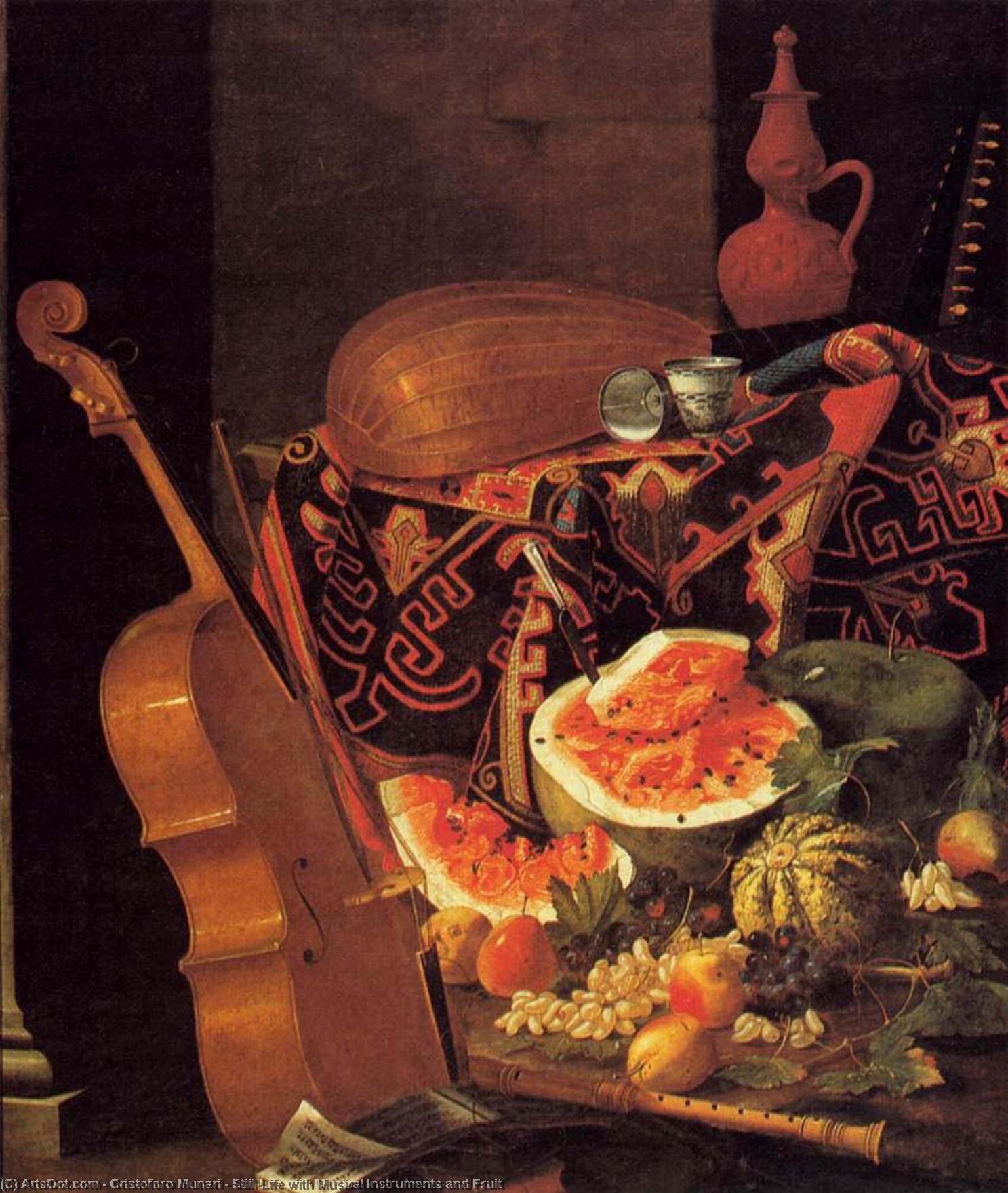 Wikioo.org – La Enciclopedia de las Bellas Artes - Pintura, Obras de arte de Cristoforo Munari - naturaleza muerta enestado  instrumentos musicales  asícomo  FRUTO