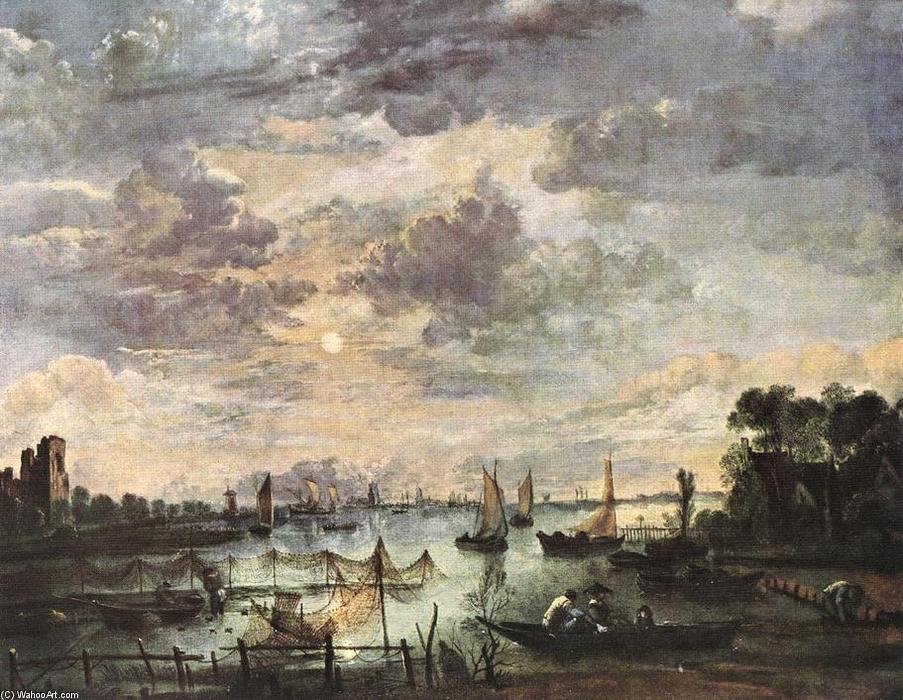 WikiOO.org - Εγκυκλοπαίδεια Καλών Τεχνών - Ζωγραφική, έργα τέχνης Aert Van Der Neer - Fishing at Moonlight