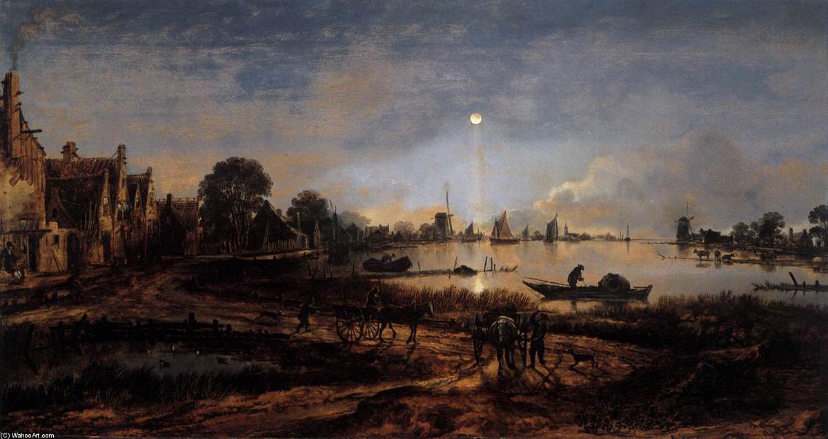 Wikioo.org - The Encyclopedia of Fine Arts - Painting, Artwork by Aert Van Der Neer - River View by Moonlight