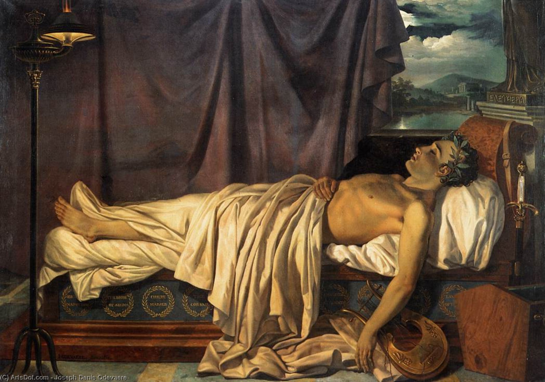 Wikioo.org - The Encyclopedia of Fine Arts - Painting, Artwork by Joseph Denis Odevaere - Lord Byron on his Death-bed