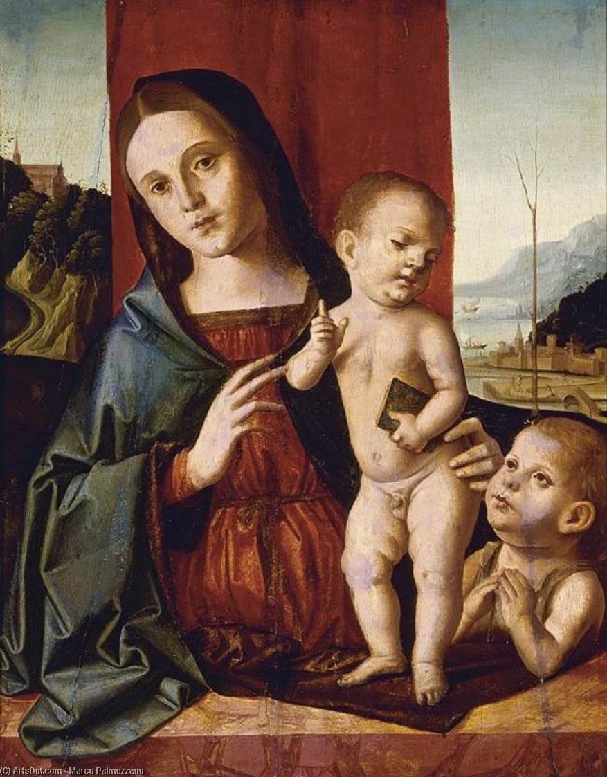 Wikioo.org - The Encyclopedia of Fine Arts - Painting, Artwork by Marco Palmezzano - Madonna and Child with the Infant Saint John the Baptist
