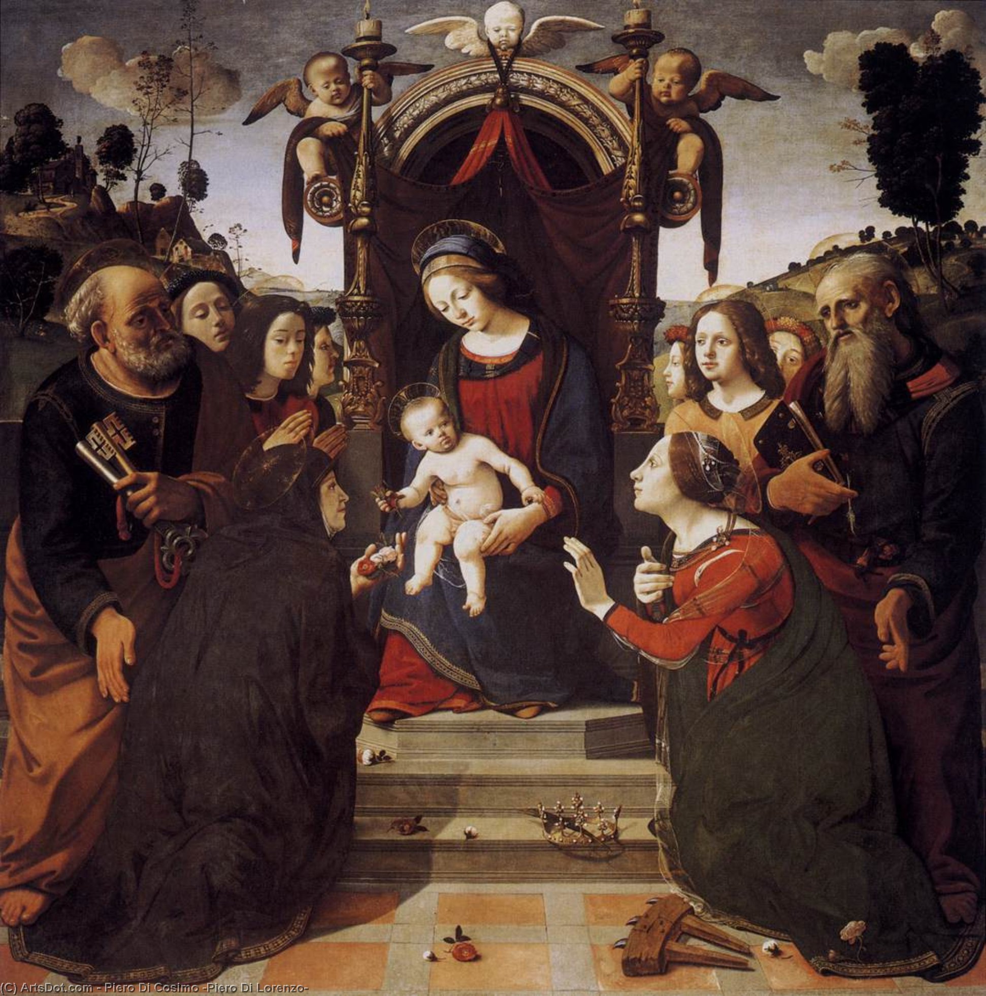 Wikioo.org - The Encyclopedia of Fine Arts - Painting, Artwork by Piero Di Cosimo (Piero Di Lorenzo) - Virgin and Child Enthroned with Saints