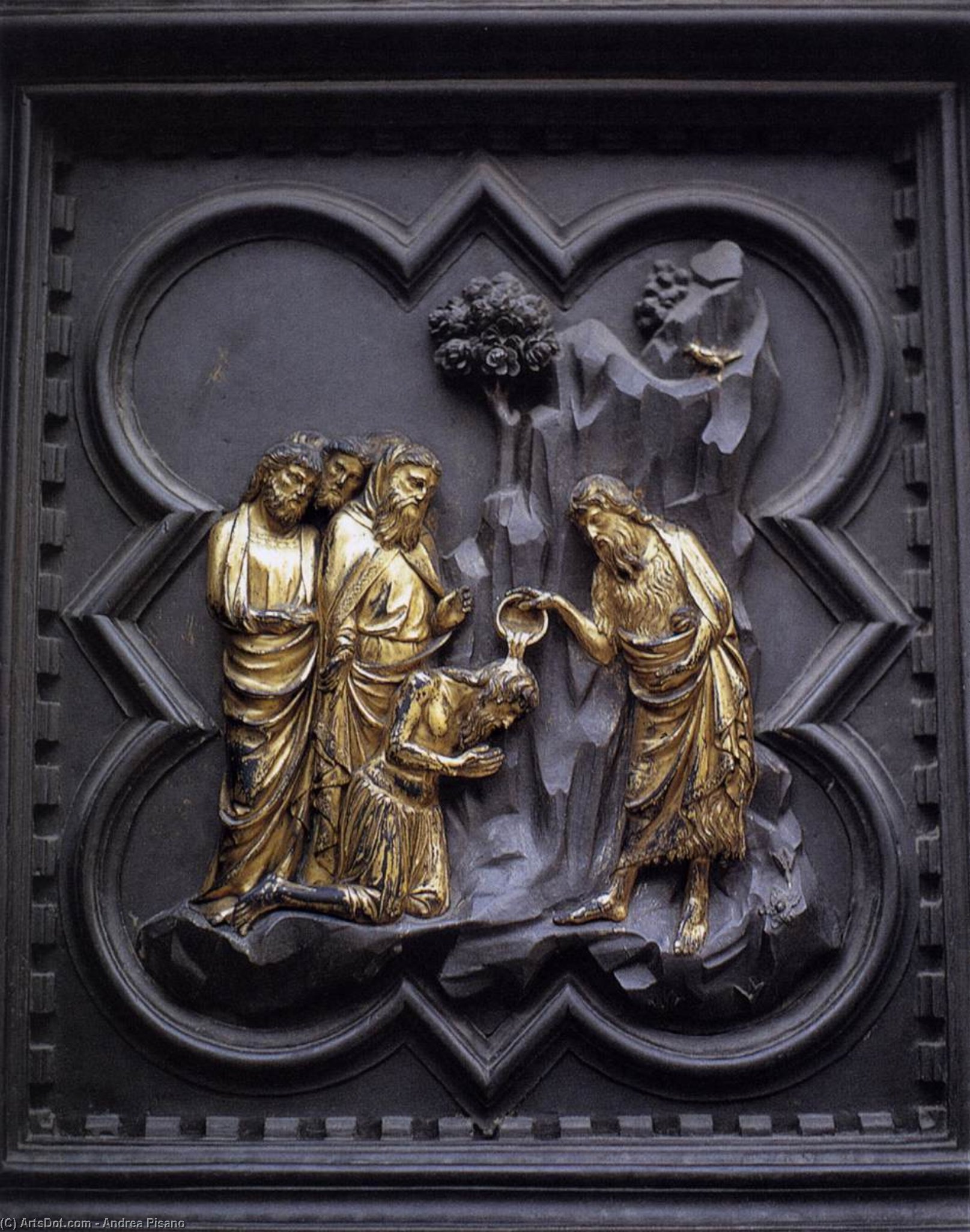 Wikoo.org - موسوعة الفنون الجميلة - اللوحة، العمل الفني Andrea Pisano - The Baptism of the Multitude (panel of the south doors)