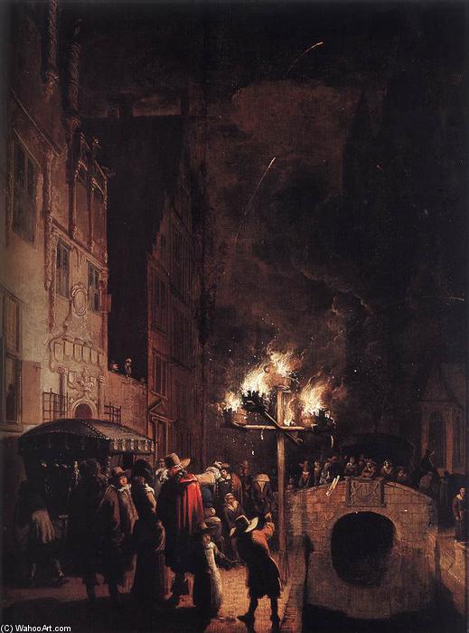 Wikioo.org - The Encyclopedia of Fine Arts - Painting, Artwork by Egbert Lievensz Van Der Poel - Celebration by Torchlight on the Oude Delft
