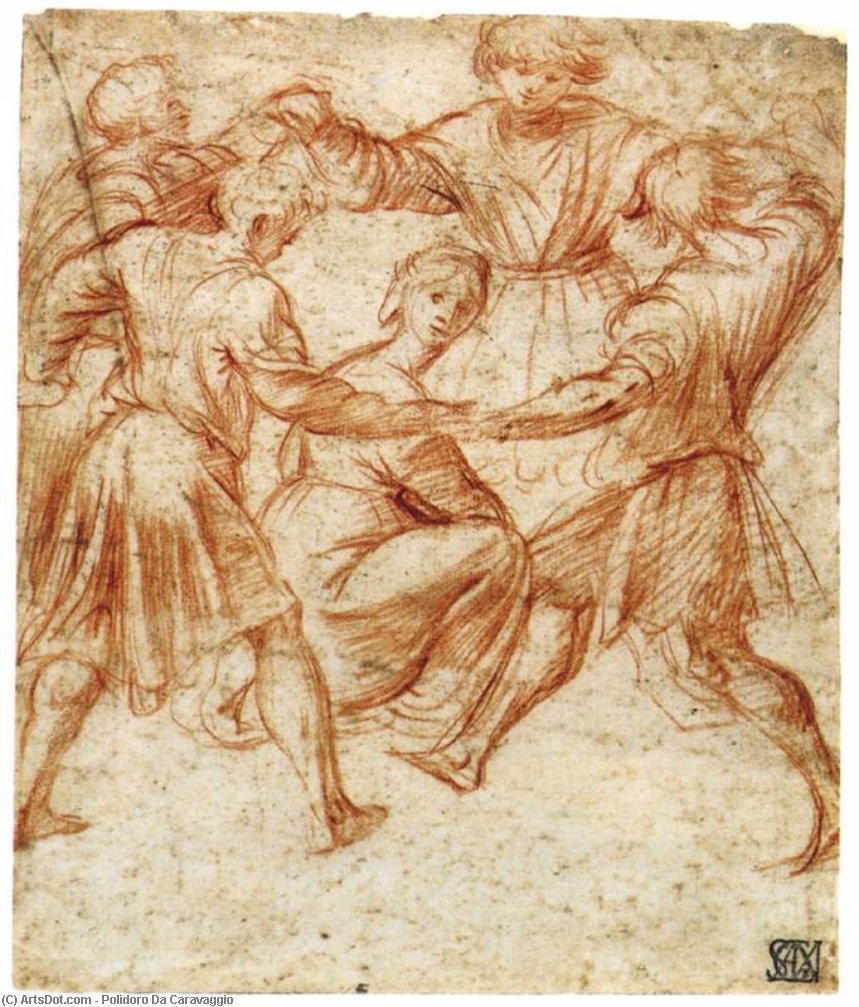 WikiOO.org - Enciklopedija likovnih umjetnosti - Slikarstvo, umjetnička djela Polidoro Da Caravaggio - Young Men Dancing around a Woman