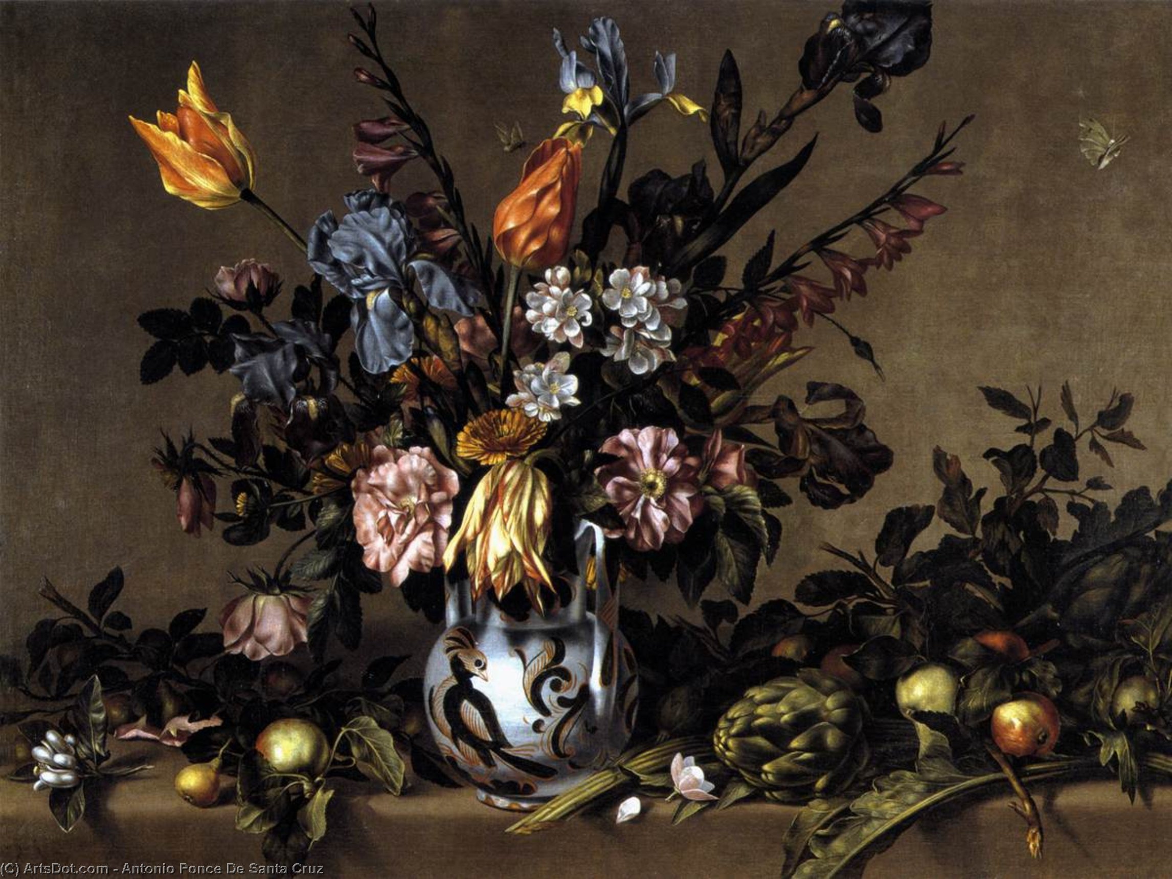 Wikioo.org - The Encyclopedia of Fine Arts - Painting, Artwork by Antonio Ponce De Santa Cruz - Still-Life with Flowers, Artichokes and Fruit