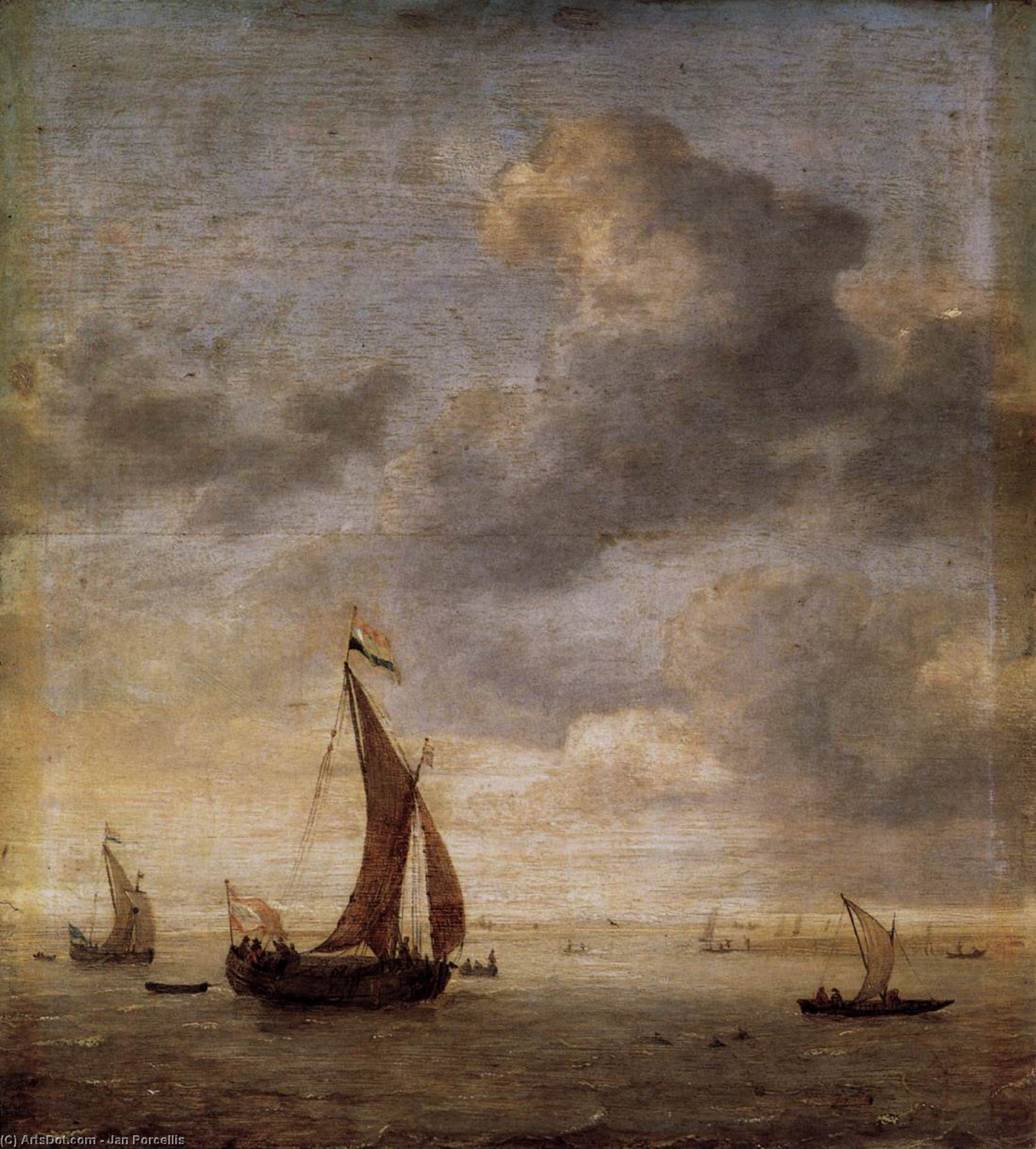 Wikioo.org - The Encyclopedia of Fine Arts - Painting, Artwork by Jan Porcellis - Single-Masted Damlooper and Rowboat on a Breezy Day