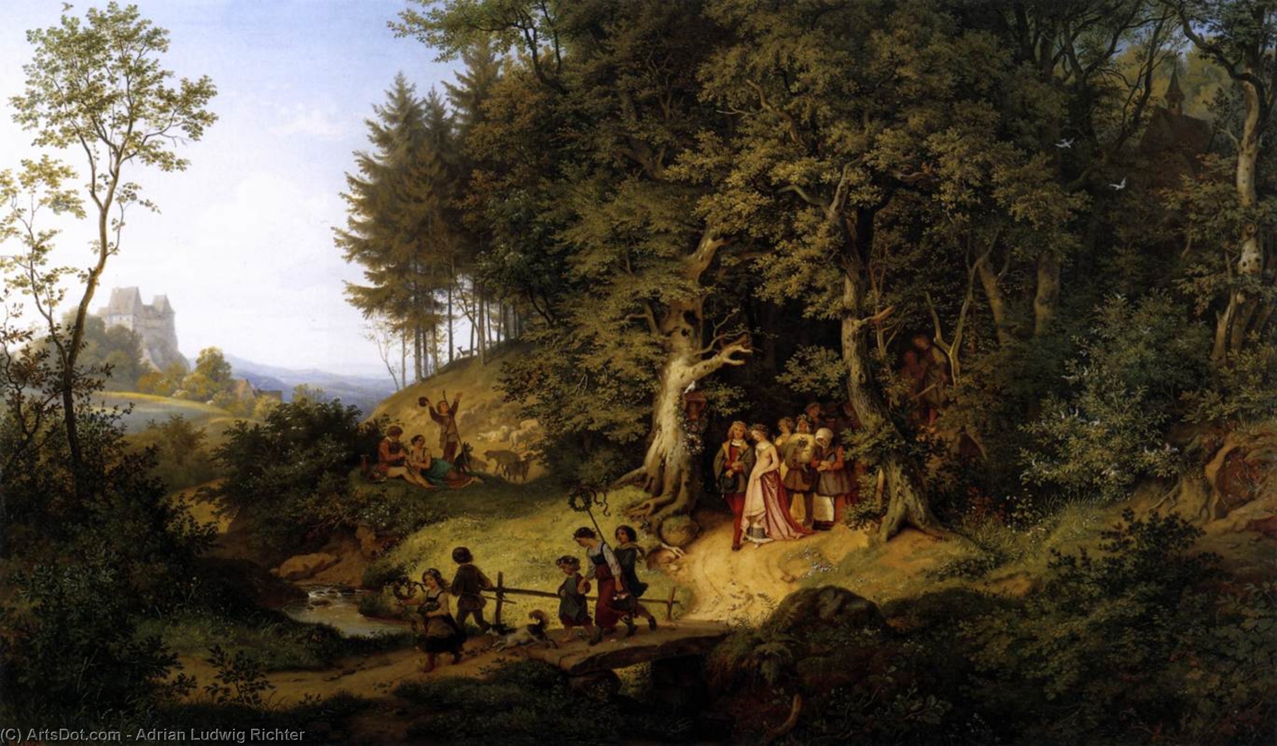 Wikioo.org - The Encyclopedia of Fine Arts - Painting, Artwork by Adrian Ludwig Richter - Bridal Procession in a Spring Landscape