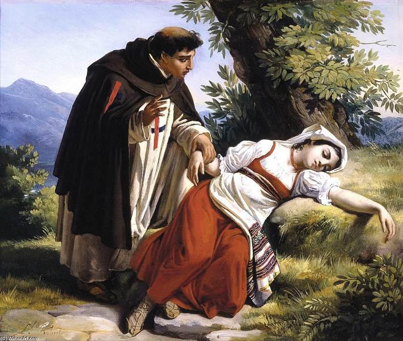 Wikioo.org - The Encyclopedia of Fine Arts - Painting, Artwork by Louis Léopold Robert - Young Monk Waking a Roman Peasant Girl
