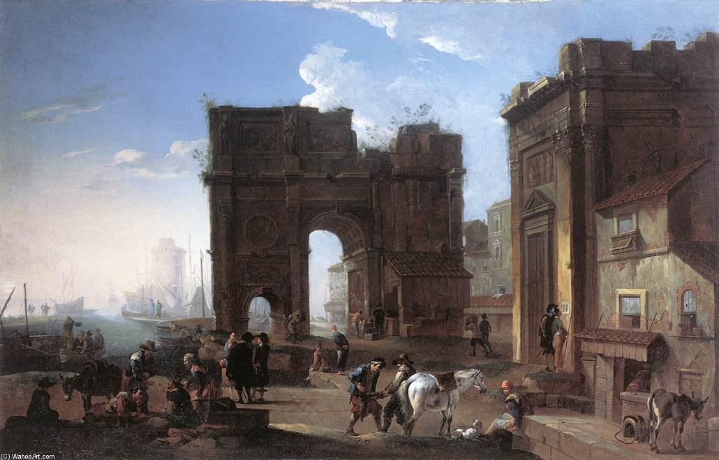 Wikioo.org - The Encyclopedia of Fine Arts - Painting, Artwork by Alessandro Salucci - Harbour View with Triumphal Arch