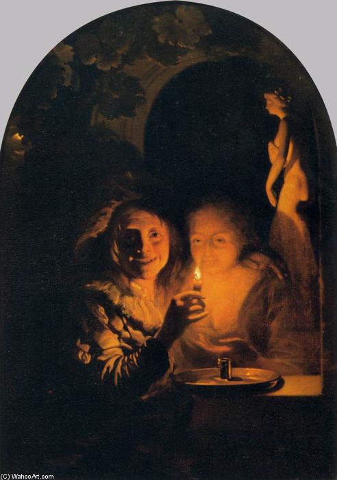 WikiOO.org - Εγκυκλοπαίδεια Καλών Τεχνών - Ζωγραφική, έργα τέχνης Godfried Schalcken - Lovers Lit by a Candle