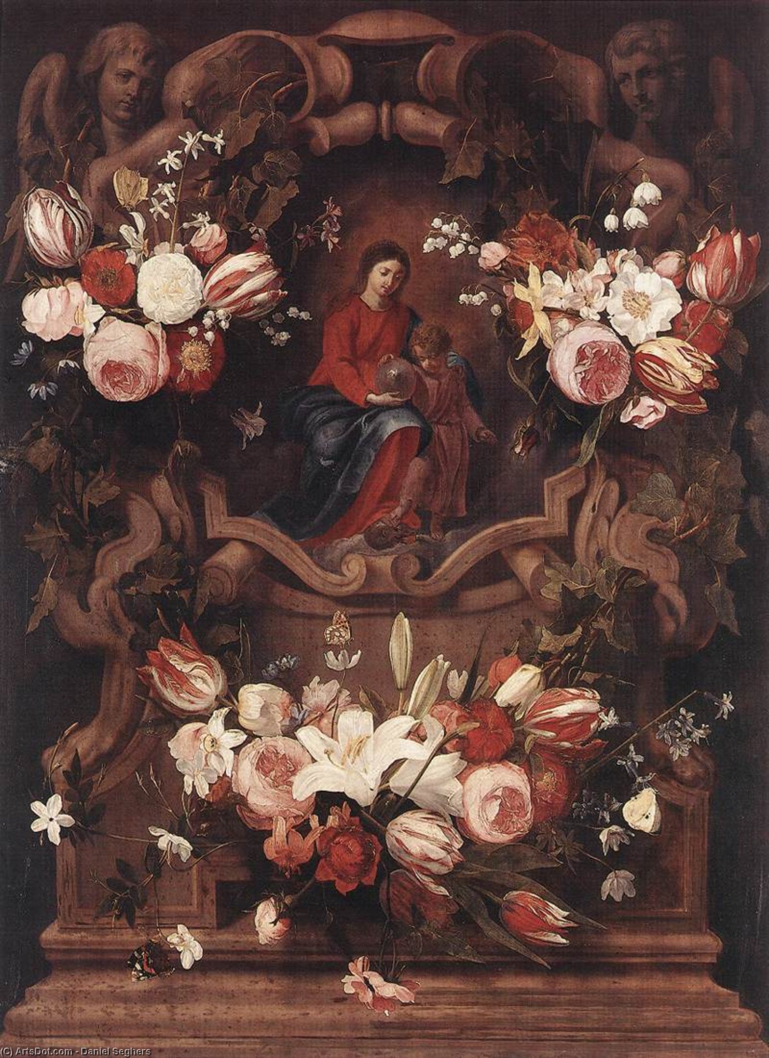 Wikioo.org - The Encyclopedia of Fine Arts - Painting, Artwork by Daniel Seghers - Floral Wreath with Madonna and Child