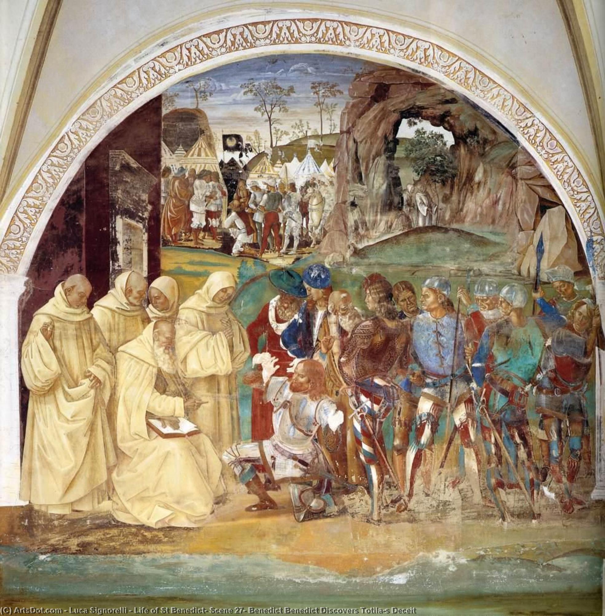 Wikioo.org - The Encyclopedia of Fine Arts - Painting, Artwork by Luca Signorelli - Life of St Benedict, Scene 27: Benedict Benedict Discovers Totila's Deceit