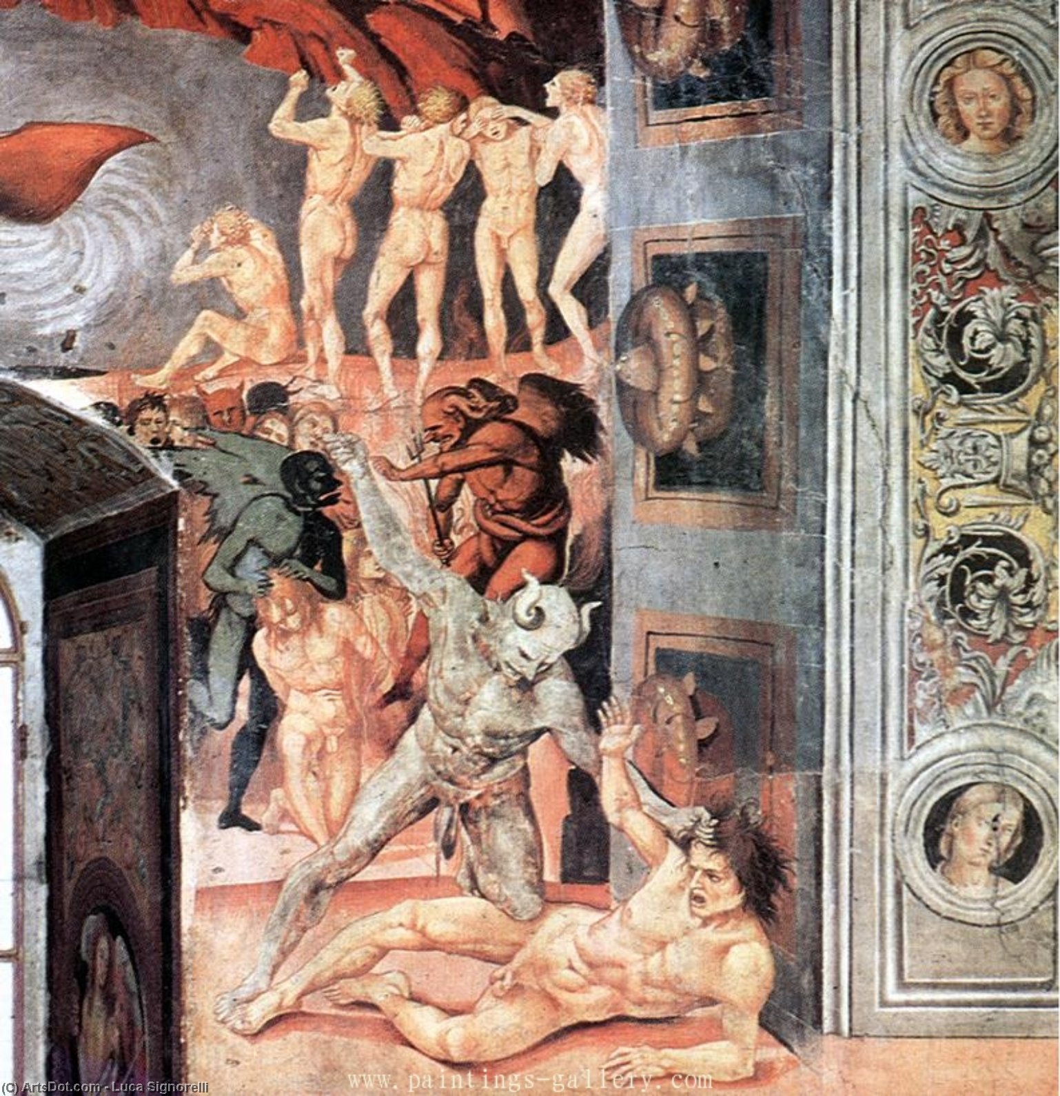 Wikioo.org – L'Enciclopedia delle Belle Arti - Pittura, Opere di Luca Signorelli - Il dannato essere  immerso  a  INFERNO  particolare