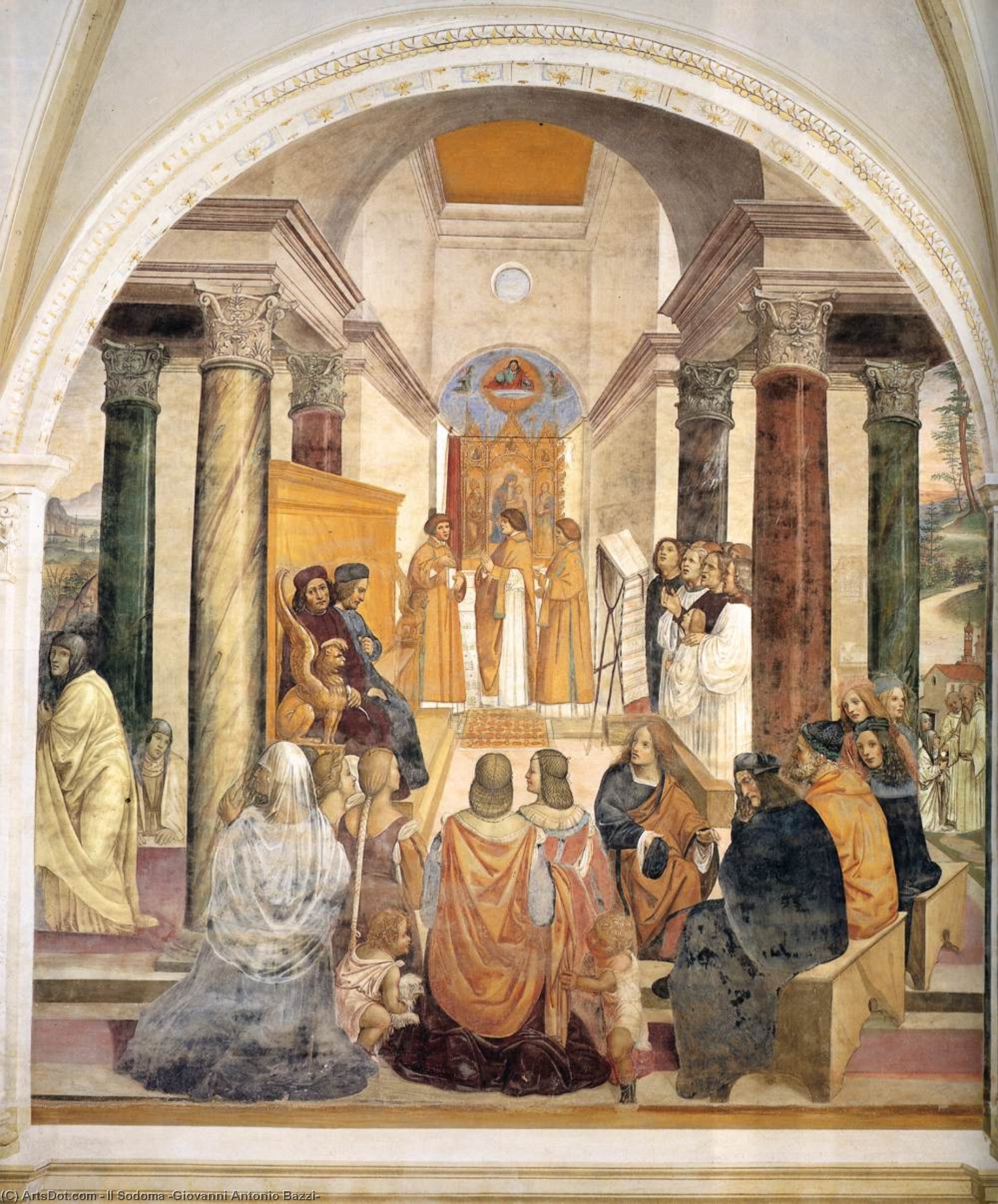 Wikioo.org - The Encyclopedia of Fine Arts - Painting, Artwork by Il Sodoma (Giovanni Antonio Bazzi) - Life of St Benedict, Scene 33: Benedict Gives Posthumous Absolution to Two Nuns
