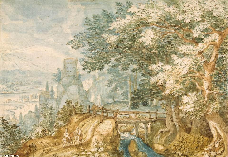 WikiOO.org - Encyclopedia of Fine Arts - Lukisan, Artwork Pieter Stevens - Landscape with a Footbridge