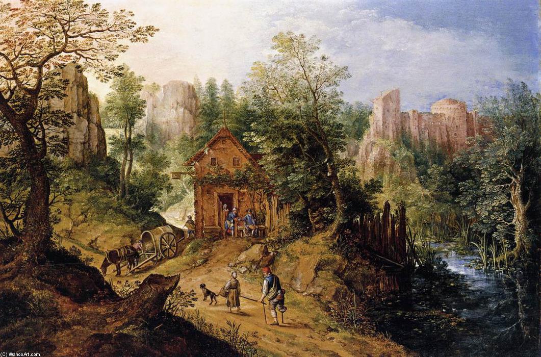 Wikioo.org - The Encyclopedia of Fine Arts - Painting, Artwork by Pieter Stevens - Mountain Valley with Inn and Castle