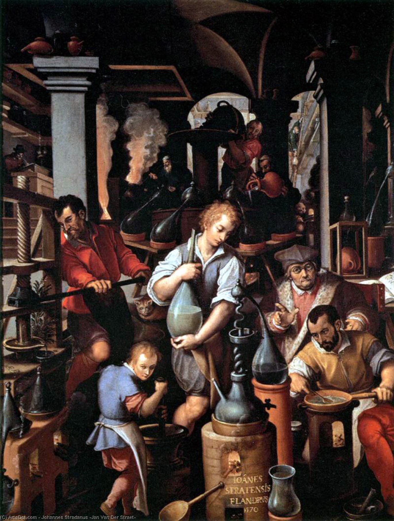 Wikioo.org - The Encyclopedia of Fine Arts - Painting, Artwork by Johannes Stradanus (Jan Van Der Straet) - An Alchemist's Laboratory