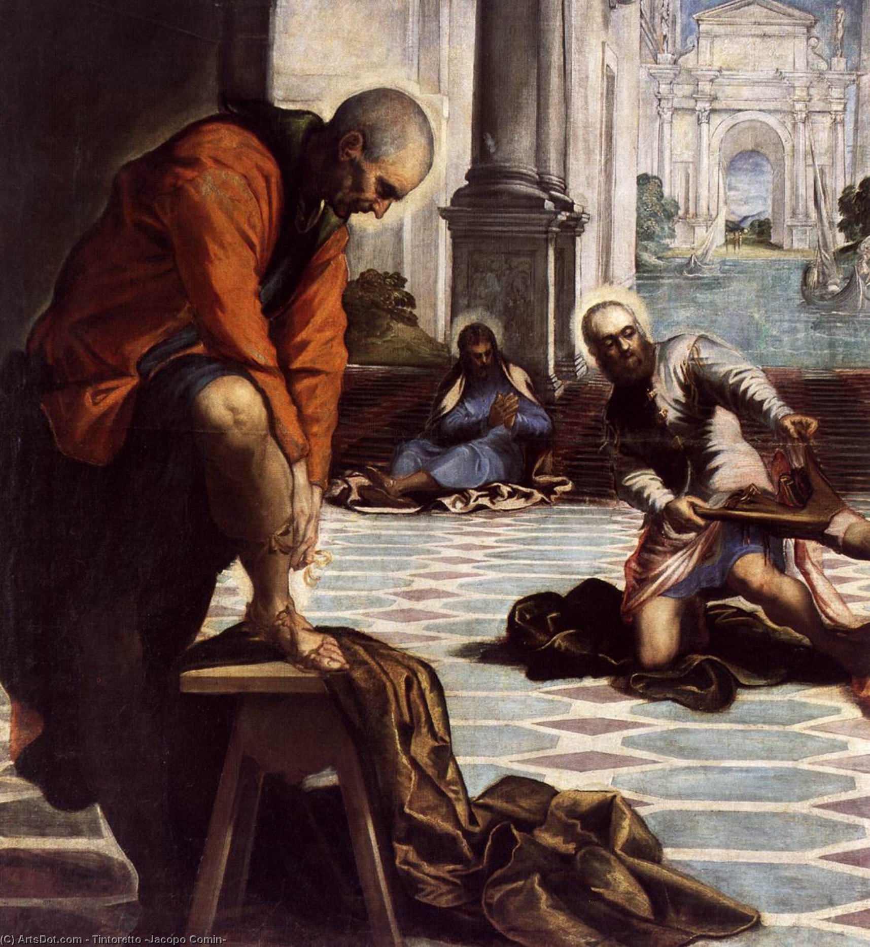 Wikoo.org - موسوعة الفنون الجميلة - اللوحة، العمل الفني Tintoretto (Jacopo Comin) - Christ Washing the Feet of His Disciples (detail)