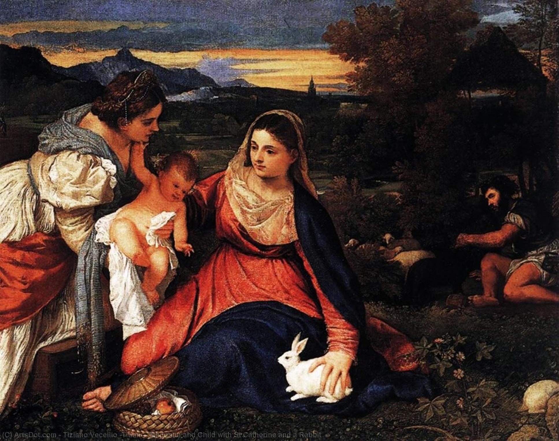 Wikoo.org - موسوعة الفنون الجميلة - اللوحة، العمل الفني Tiziano Vecellio (Titian) - Madonna and Child with St Catherine and a Rabbit