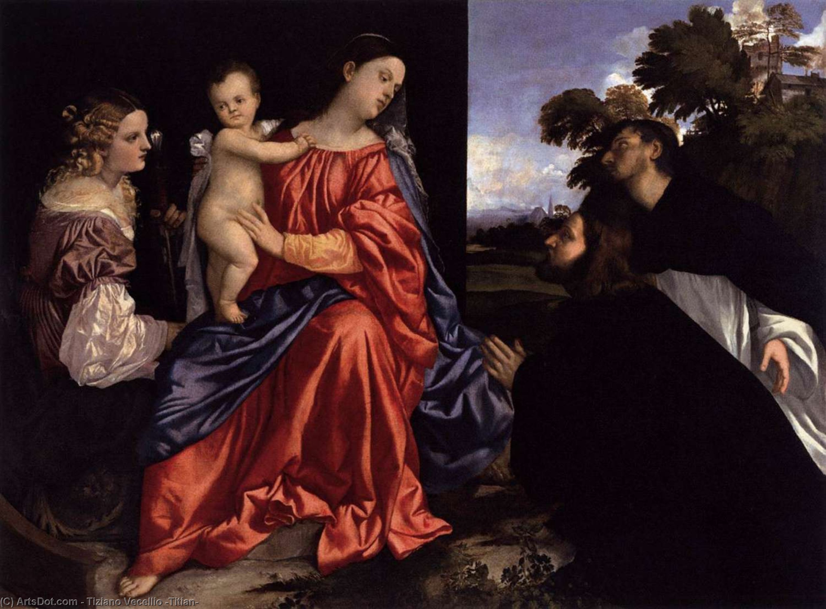Wikioo.org - The Encyclopedia of Fine Arts - Painting, Artwork by Tiziano Vecellio (Titian) - Madonna and Child with Sts Catherine and Dominic and a Donor
