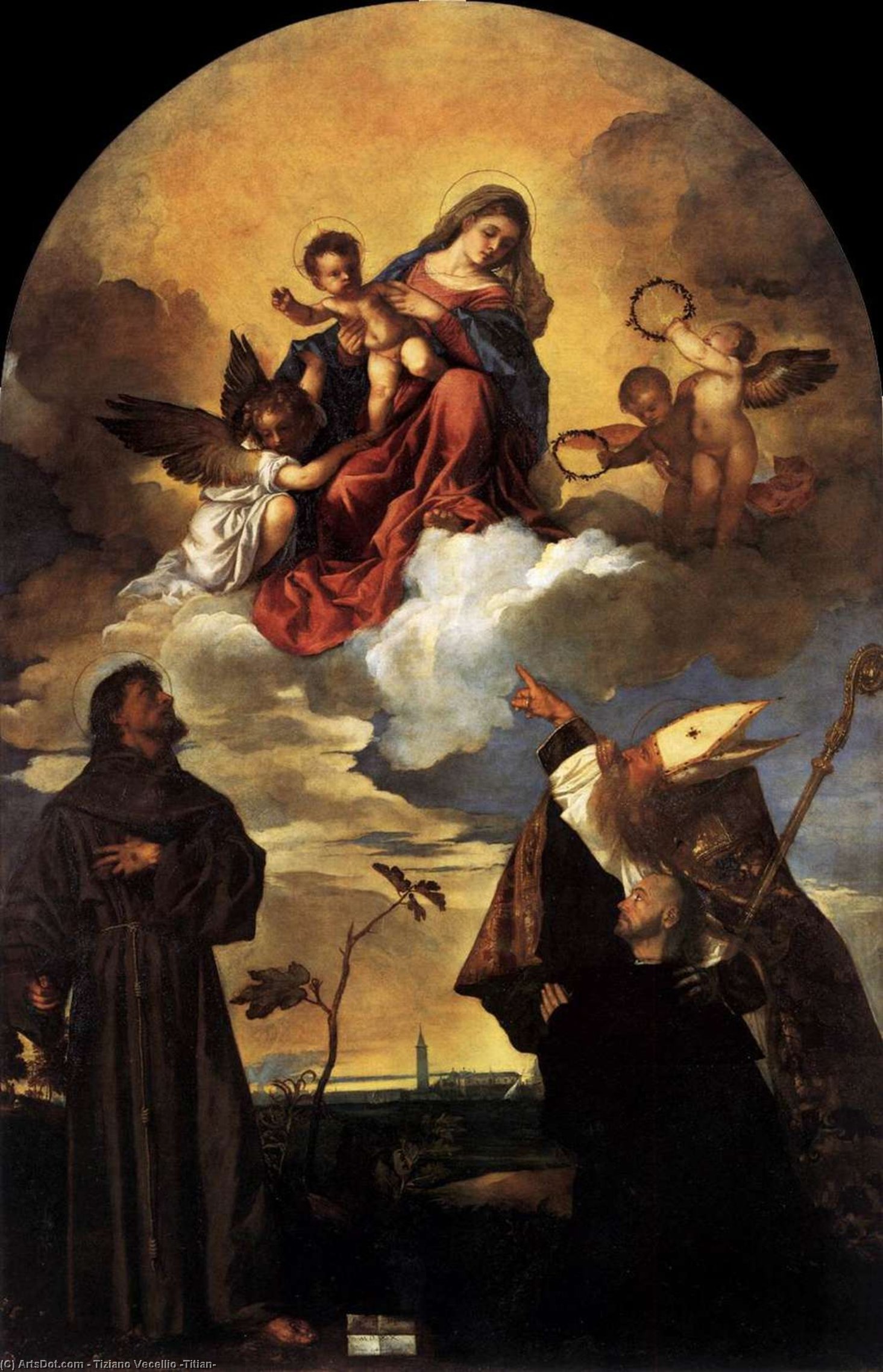WikiOO.org - Güzel Sanatlar Ansiklopedisi - Resim, Resimler Tiziano Vecellio (Titian) - Madonna in Glory with the Christ Child and Sts Francis and Alvise with the Donor