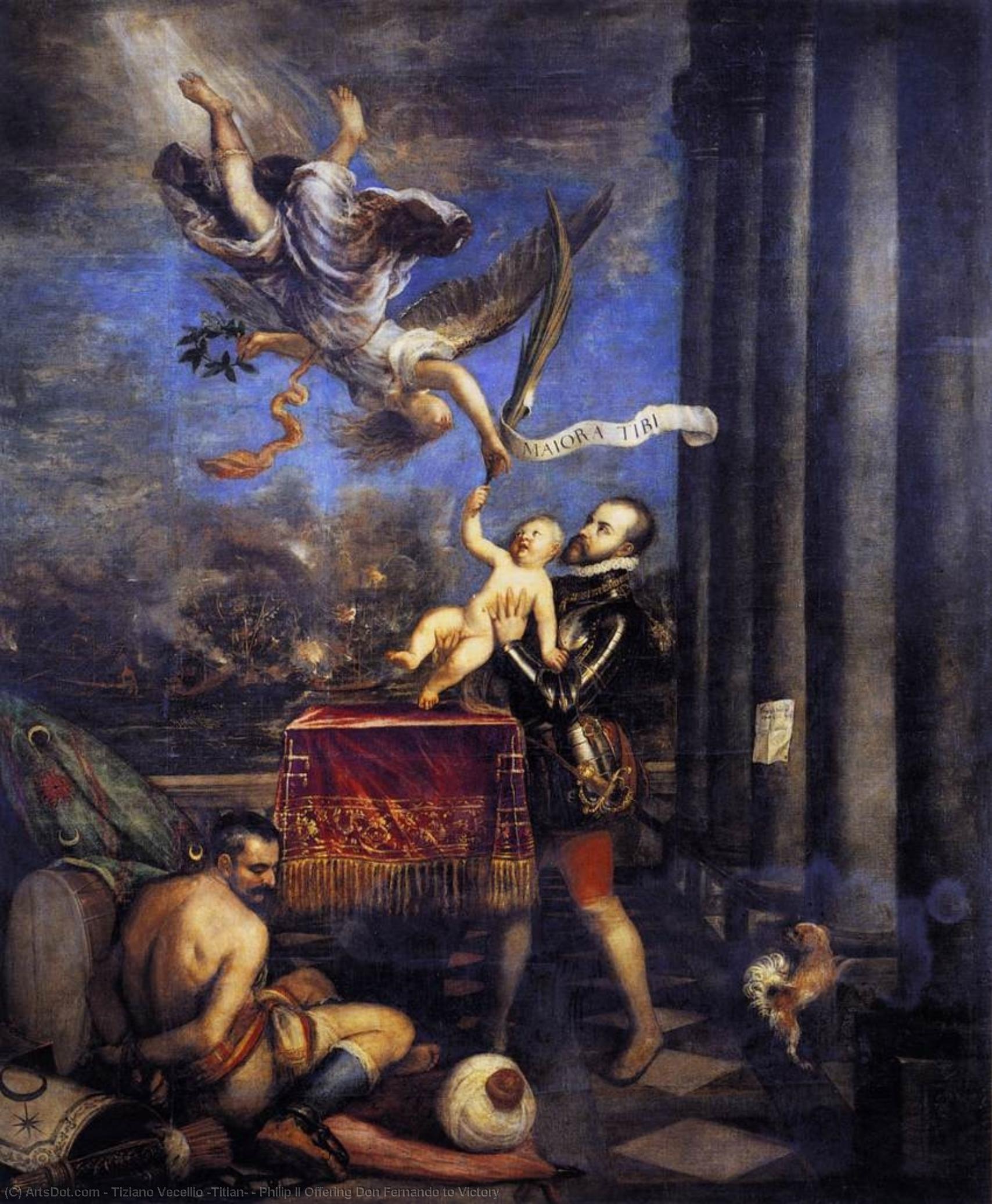 Wikioo.org - The Encyclopedia of Fine Arts - Painting, Artwork by Tiziano Vecellio (Titian) - Philip II Offering Don Fernando to Victory