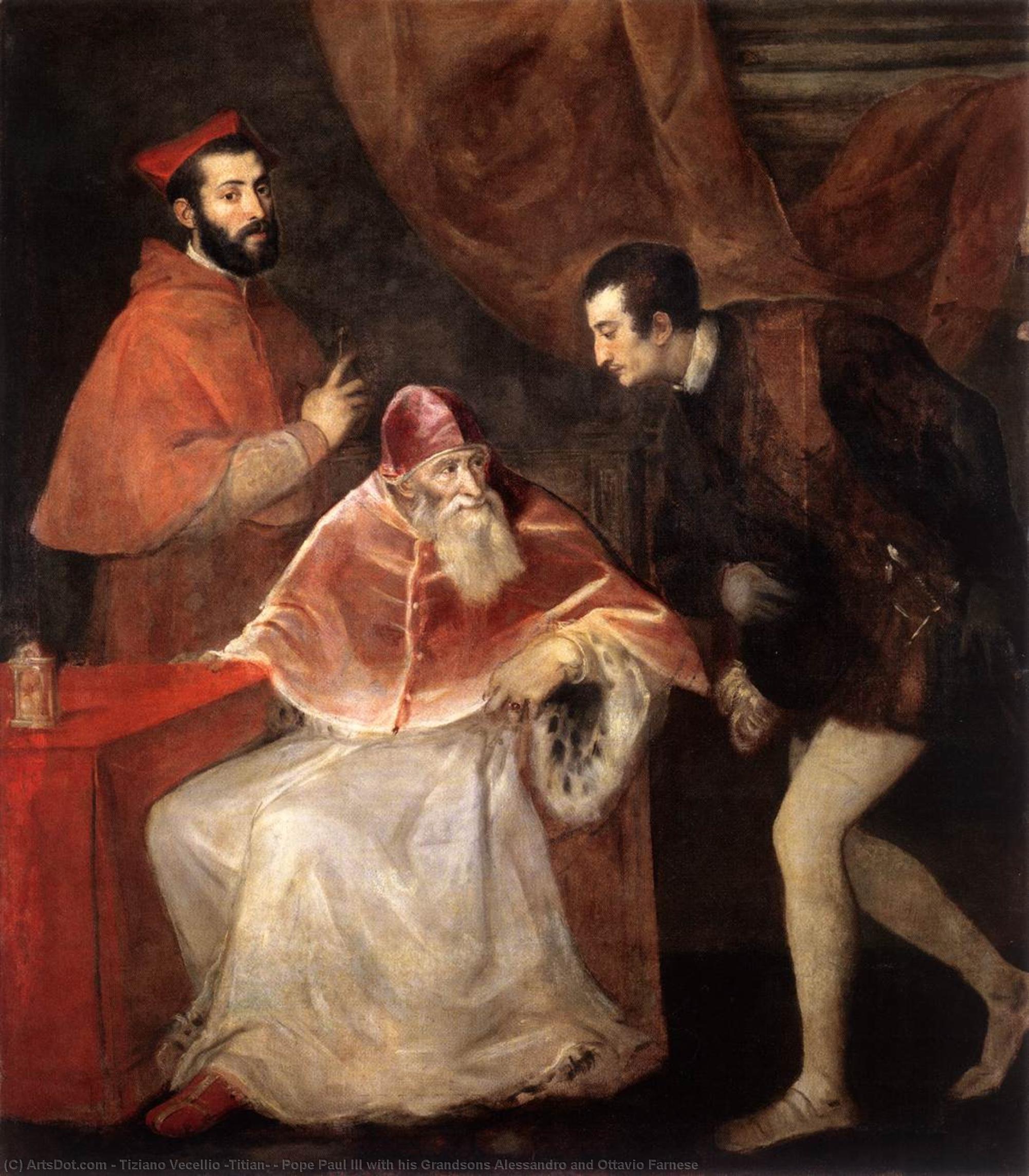 Wikioo.org - The Encyclopedia of Fine Arts - Painting, Artwork by Tiziano Vecellio (Titian) - Pope Paul III with his Grandsons Alessandro and Ottavio Farnese