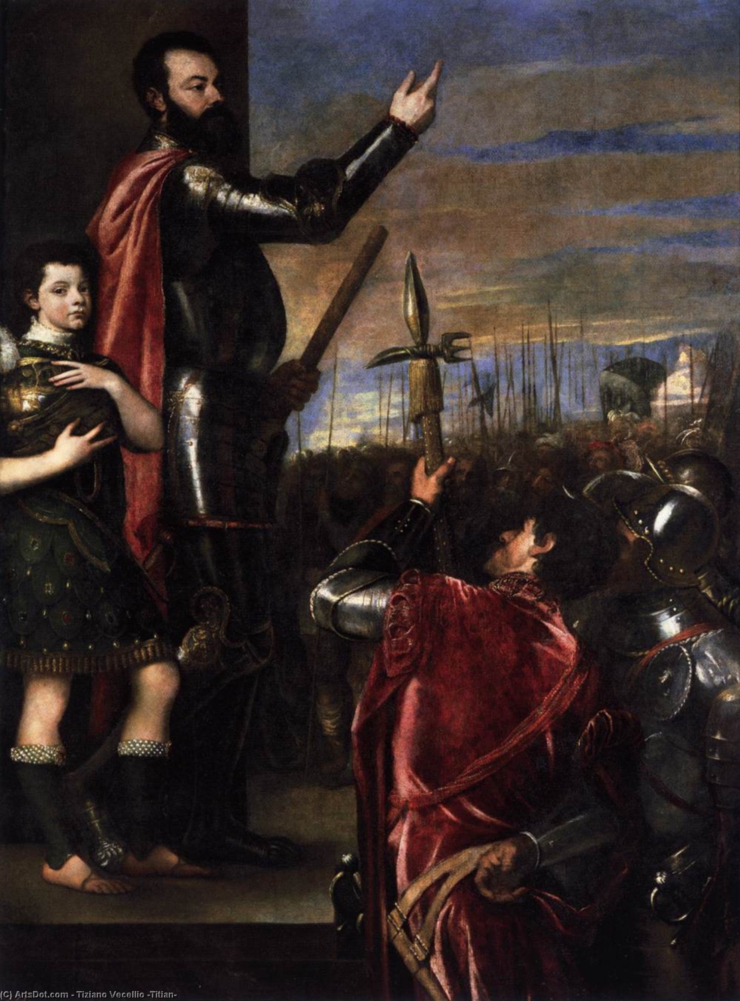 Wikioo.org – La Enciclopedia de las Bellas Artes - Pintura, Obras de arte de Tiziano Vecellio (Titian) - el marchese del vasto dirigiéndose a sus tropas