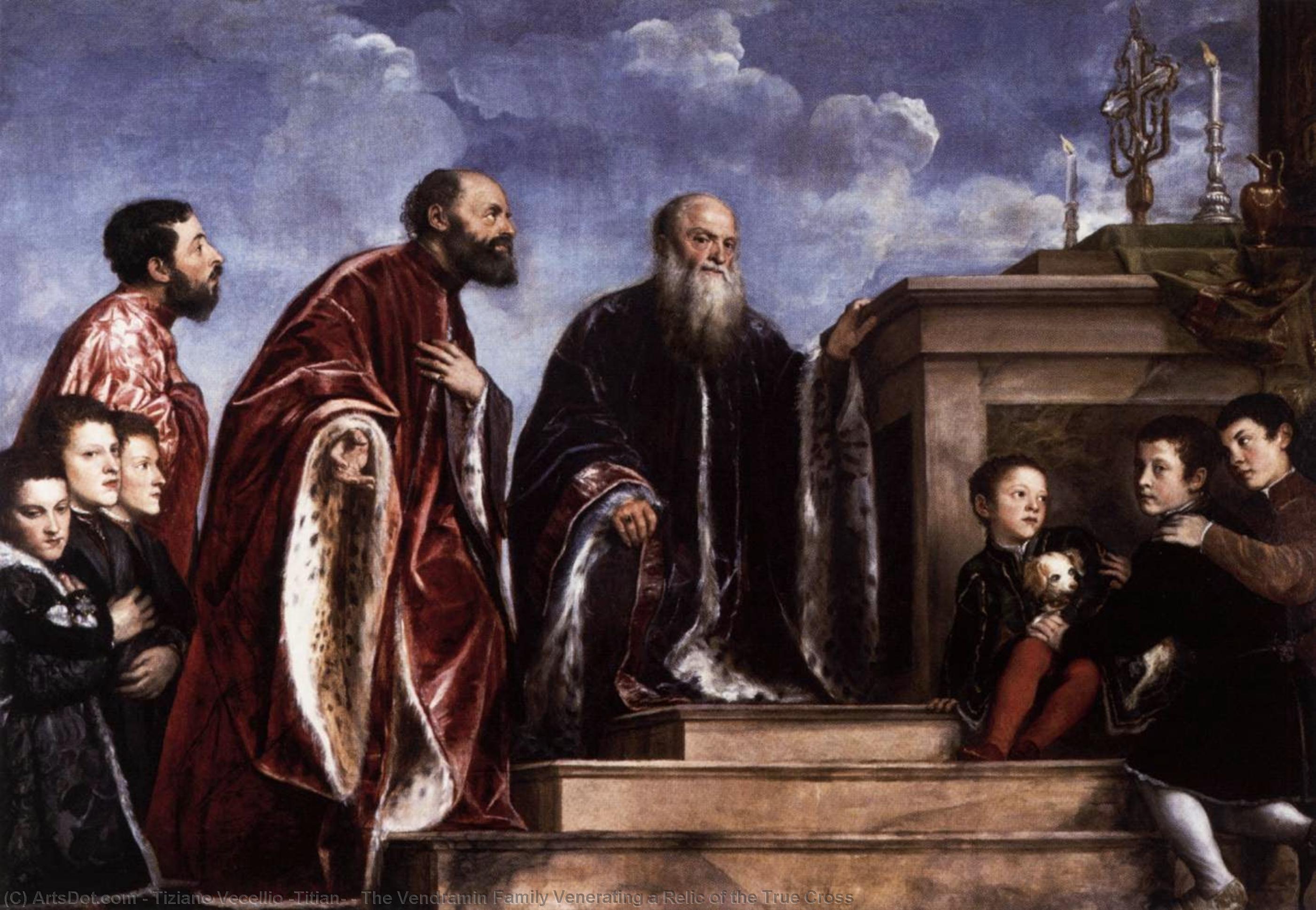 Wikioo.org – La Enciclopedia de las Bellas Artes - Pintura, Obras de arte de Tiziano Vecellio (Titian) - la familia vendramin venerando una reliquia de la verdadera cruz