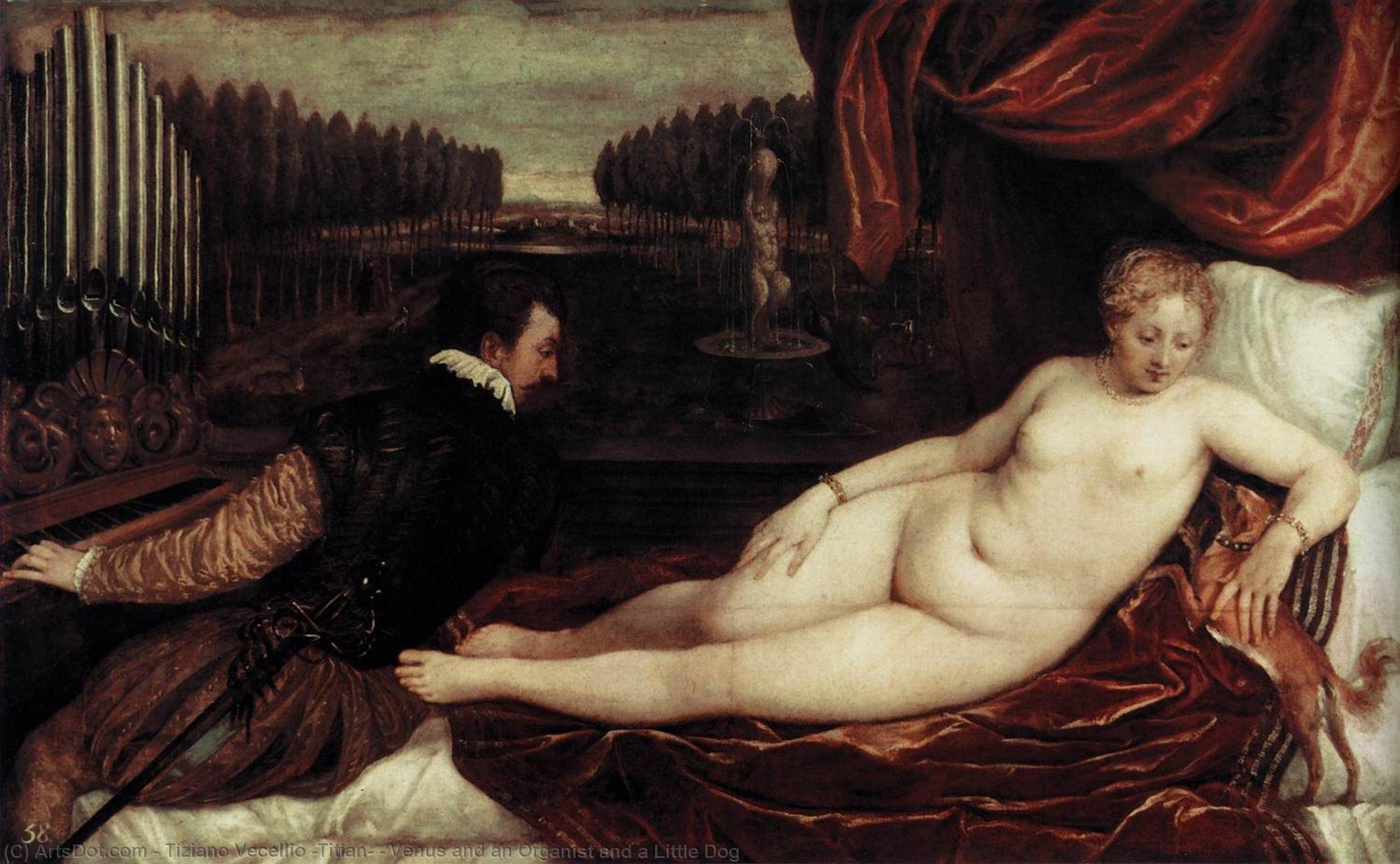 Wikioo.org - The Encyclopedia of Fine Arts - Painting, Artwork by Tiziano Vecellio (Titian) - Venus and an Organist and a Little Dog