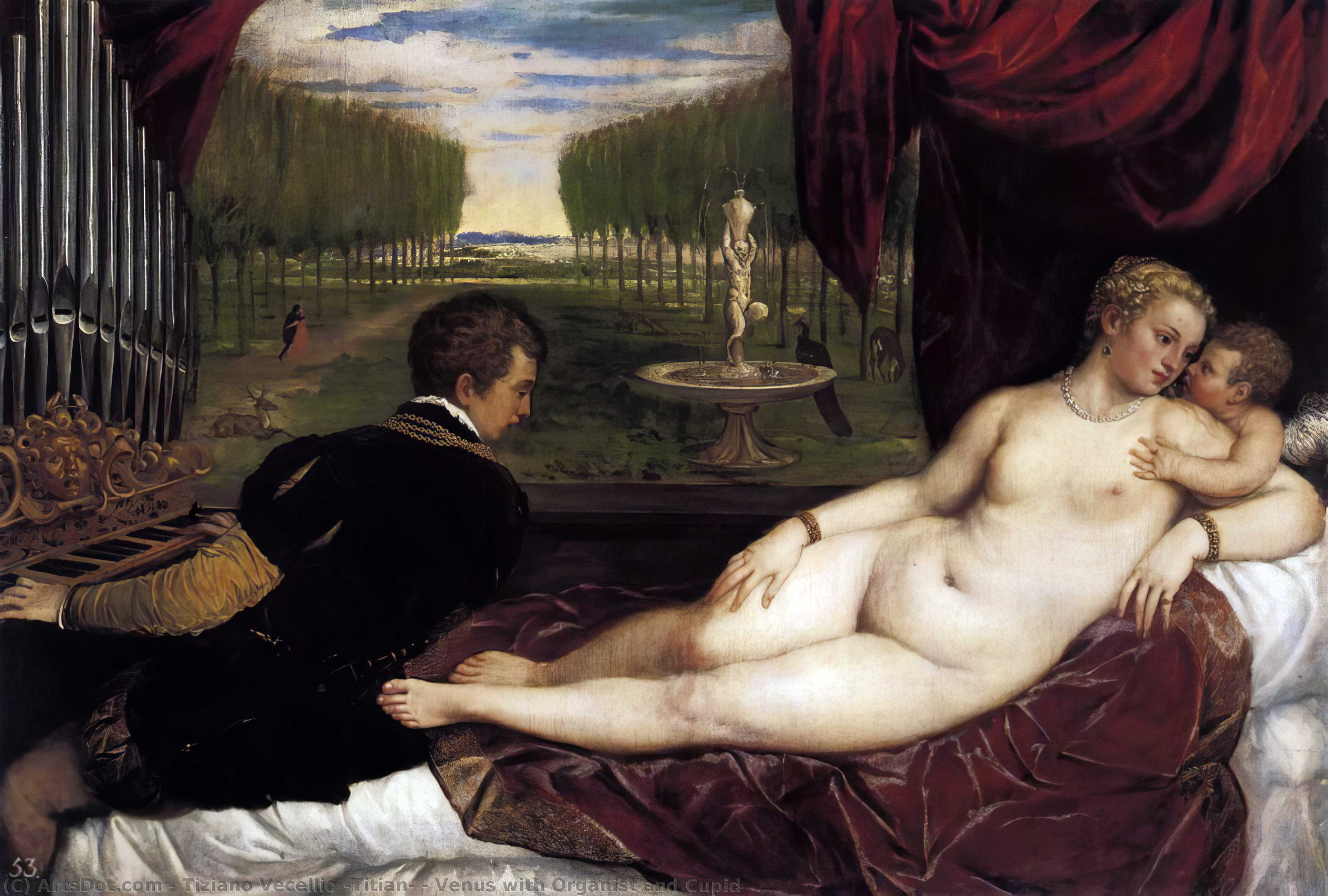 Wikioo.org – La Enciclopedia de las Bellas Artes - Pintura, Obras de arte de Tiziano Vecellio (Titian) - venus con organista y cupido