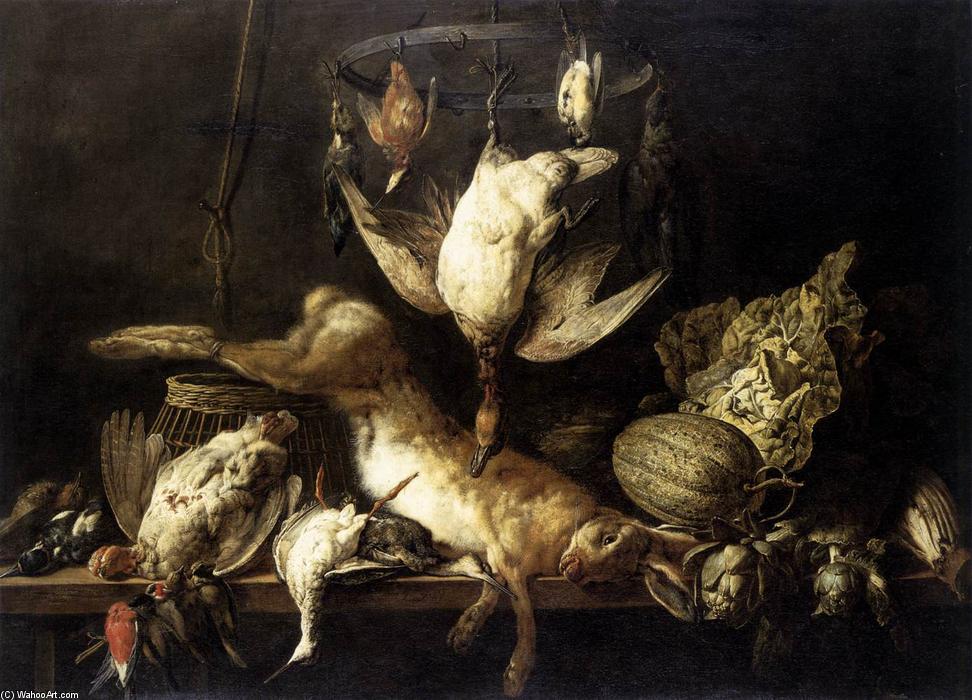 Wikioo.org - The Encyclopedia of Fine Arts - Painting, Artwork by Adriaen Van Utrecht - Still-Life with Hare and Birds on a Ring