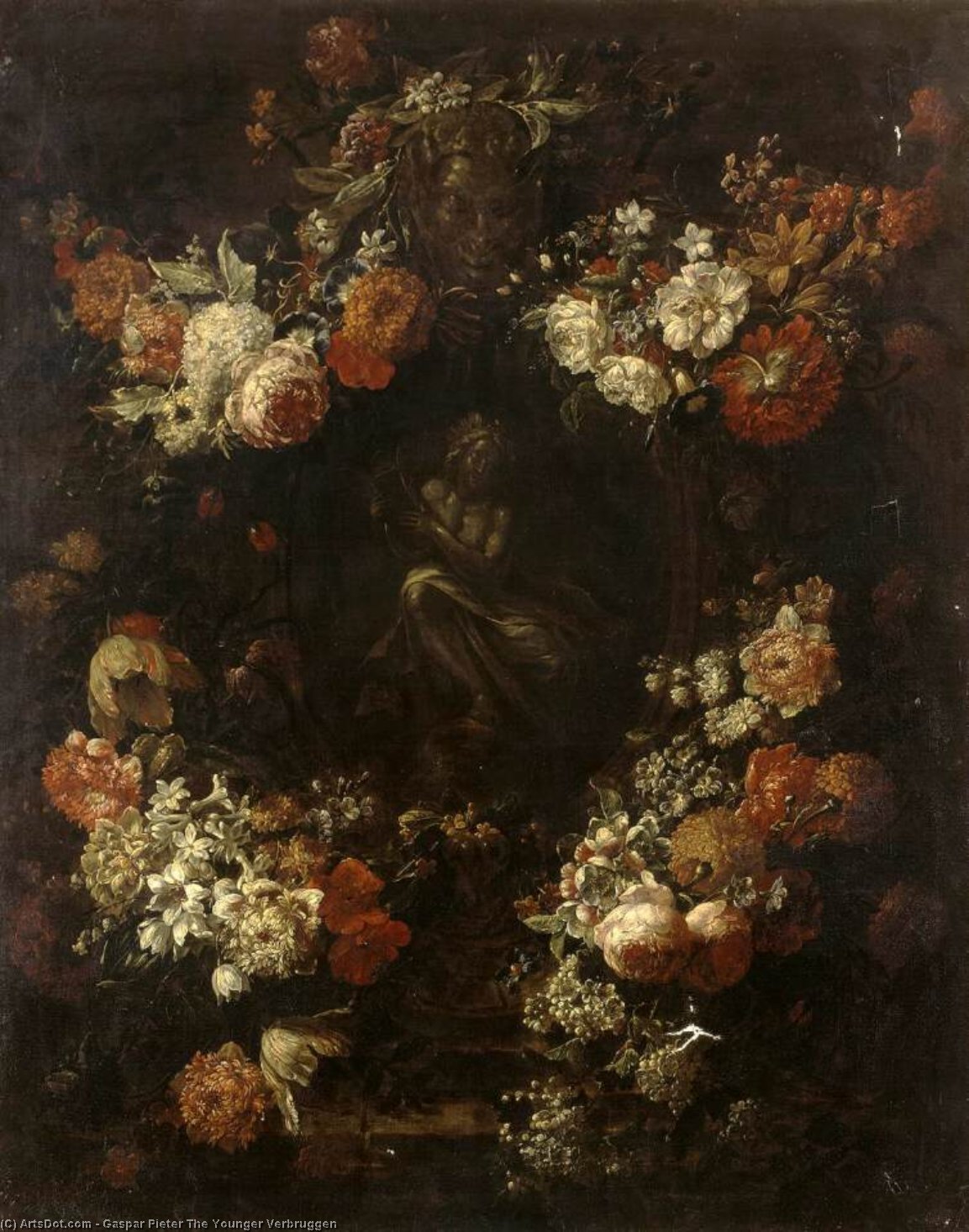 Wikioo.org - สารานุกรมวิจิตรศิลป์ - จิตรกรรม Gaspar Pieter The Younger Verbruggen - Apollo the Kithara Player Framed with a Garland of Flowers