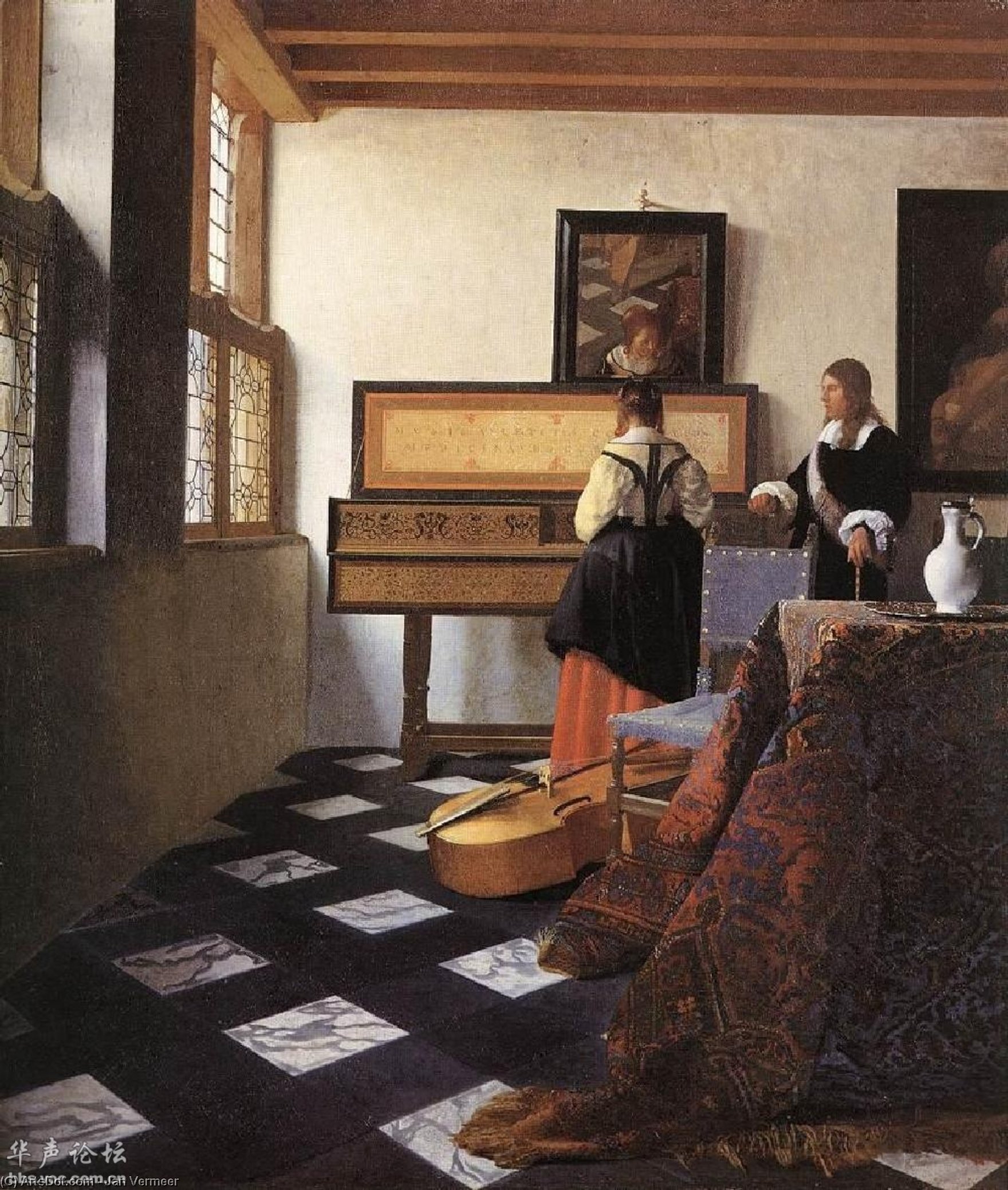 Wikioo.org – L'Enciclopedia delle Belle Arti - Pittura, Opere di Jan Vermeer - una signora in tempo  dopodomani  Virginali  con  Un  gentiluomo
