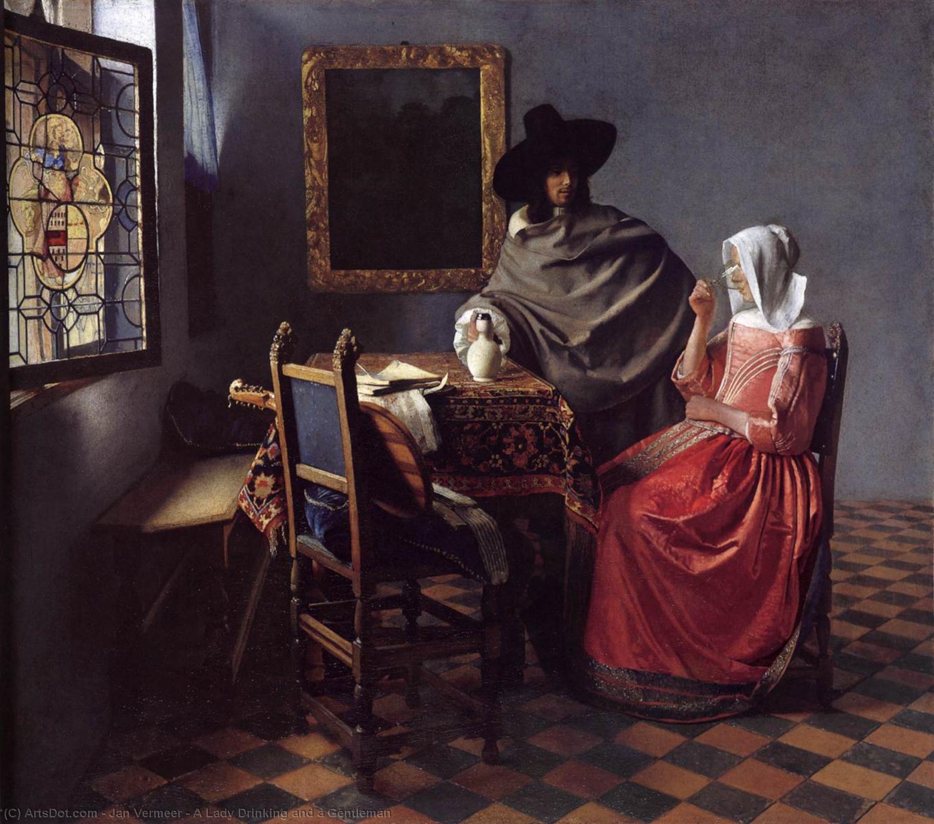 WikiOO.org - Encyclopedia of Fine Arts - Lukisan, Artwork Jan Vermeer - A Lady Drinking and a Gentleman