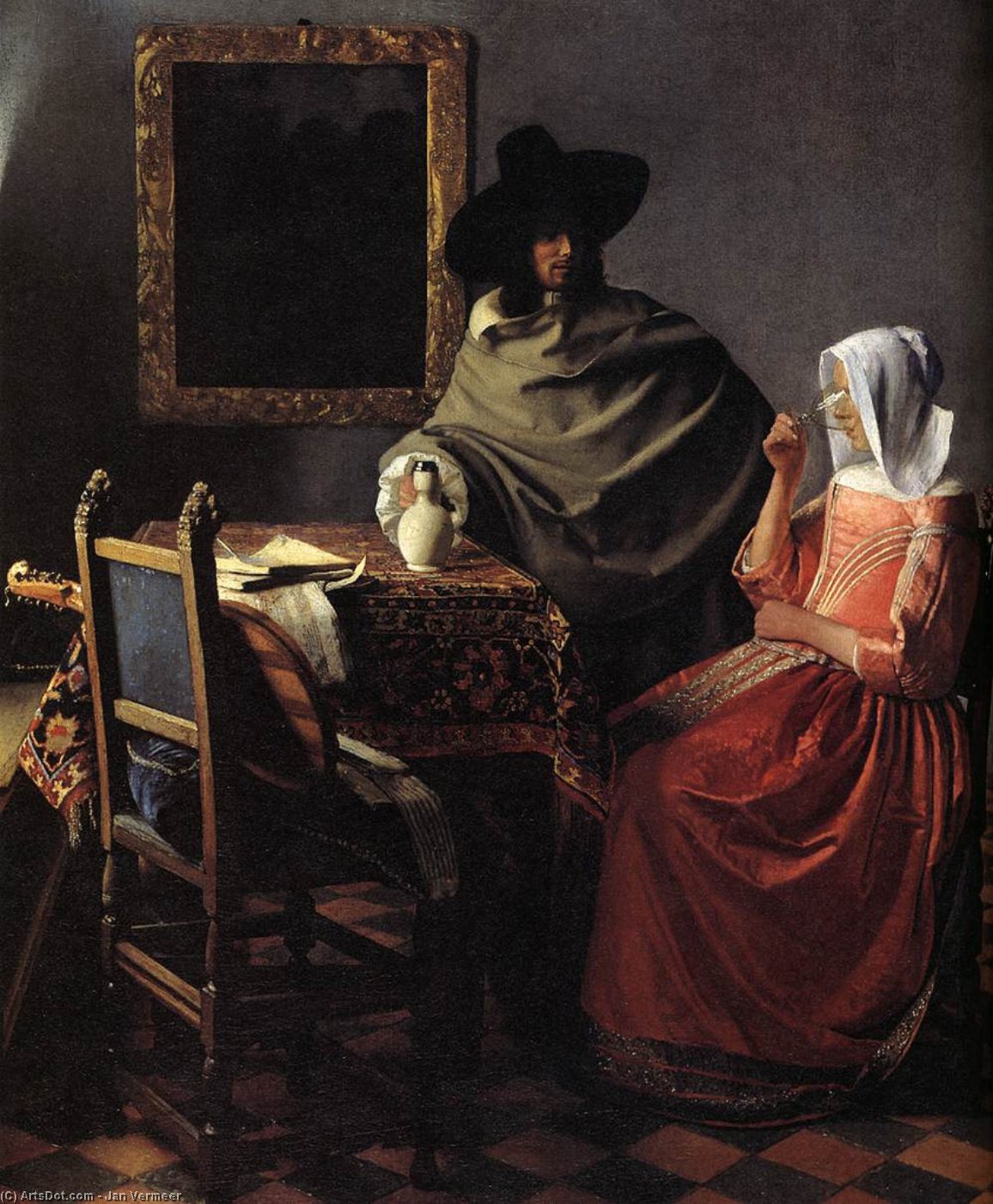 Wikioo.org – La Enciclopedia de las Bellas Artes - Pintura, Obras de arte de Jan Vermeer - una dama bebida  asícomo  Un  hidalgo  Detalle
