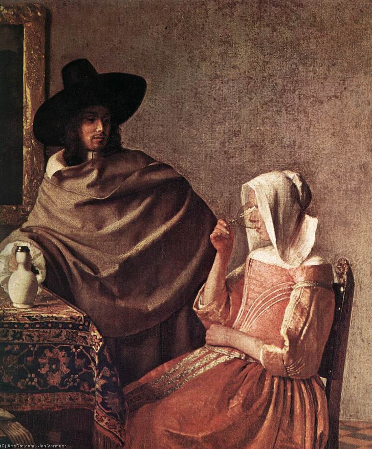 WikiOO.org - 百科事典 - 絵画、アートワーク Jan Vermeer - A レディー飲酒 と　 紳士 ( 詳細 )