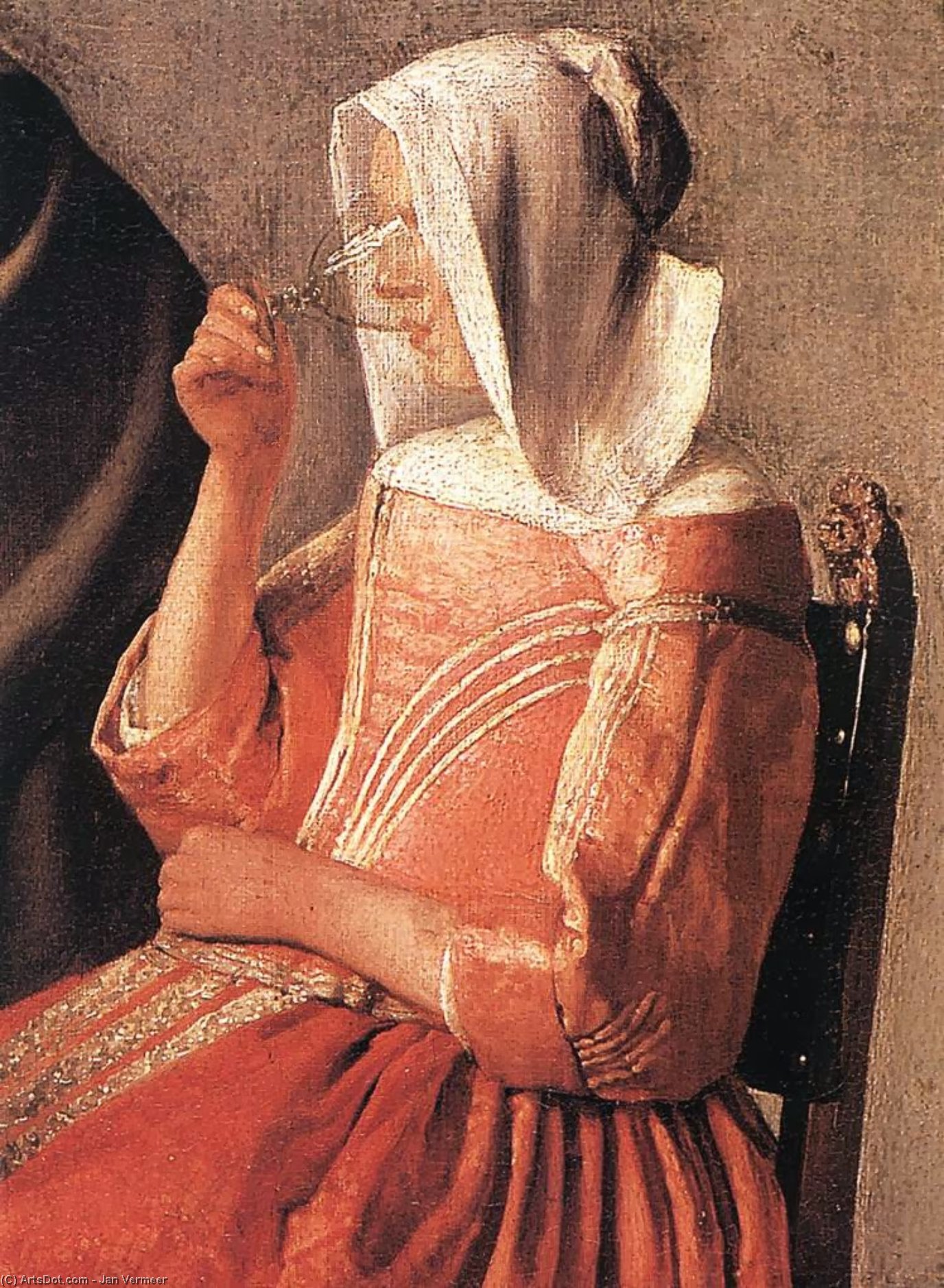 Wikioo.org – La Enciclopedia de las Bellas Artes - Pintura, Obras de arte de Jan Vermeer - una dama bebida  asícomo  Un  hidalgo  Detalle