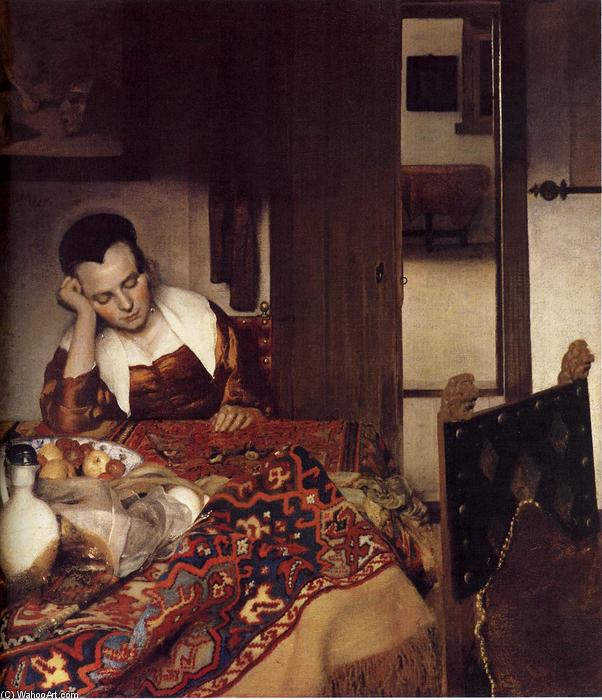 WikiOO.org - 百科事典 - 絵画、アートワーク Jan Vermeer - 女性 眠って  で  テーブル