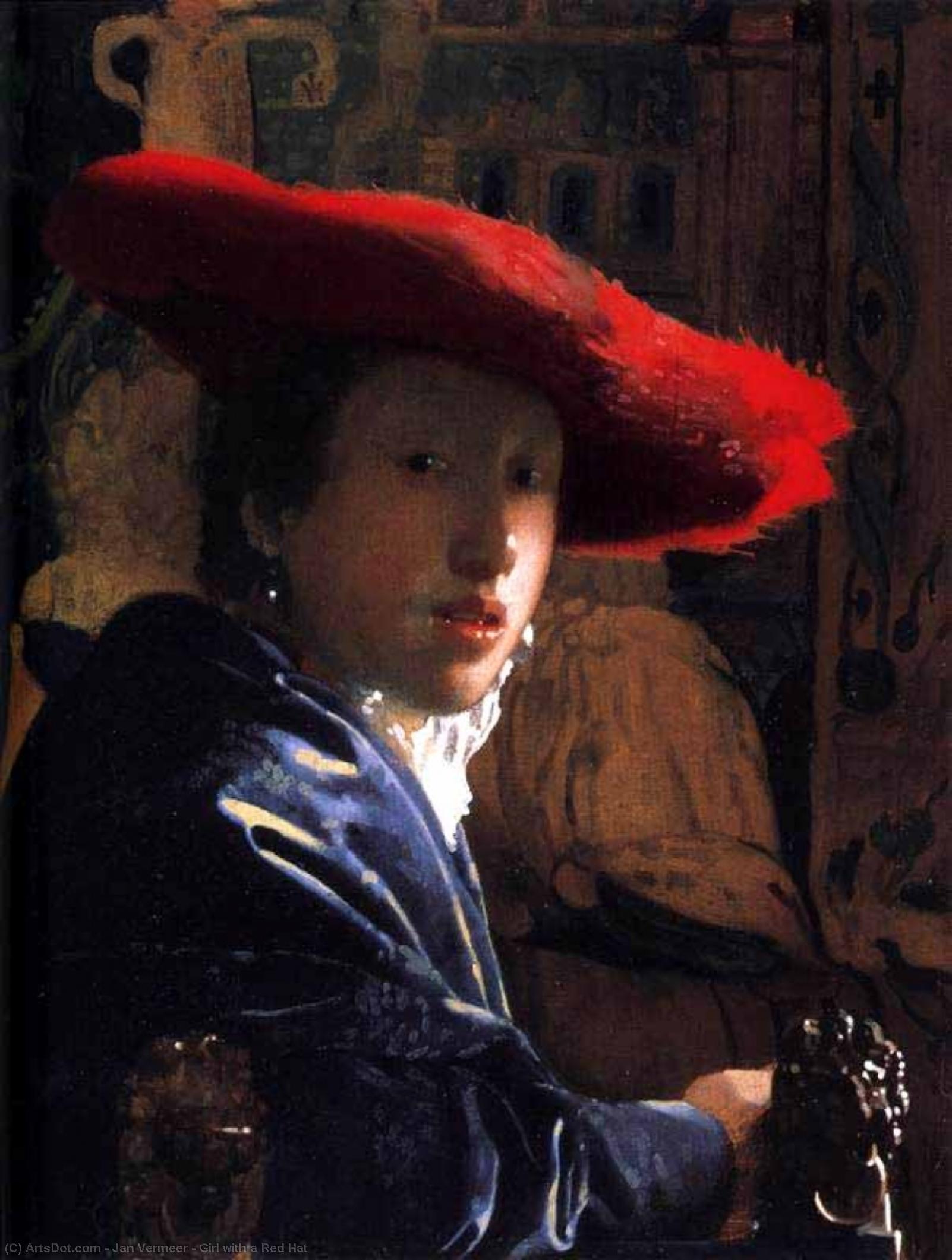 Wikioo.org - สารานุกรมวิจิตรศิลป์ - จิตรกรรม Jan Vermeer - Girl with a Red Hat