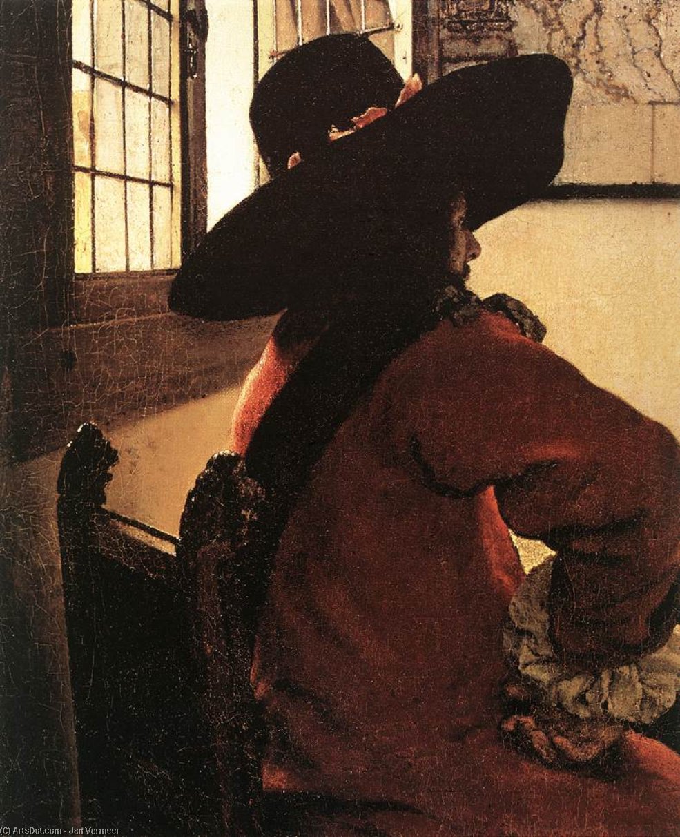 Wikioo.org – L'Encyclopédie des Beaux Arts - Peinture, Oeuvre de Jan Vermeer - officier avec  une  riant  fille qui  détail