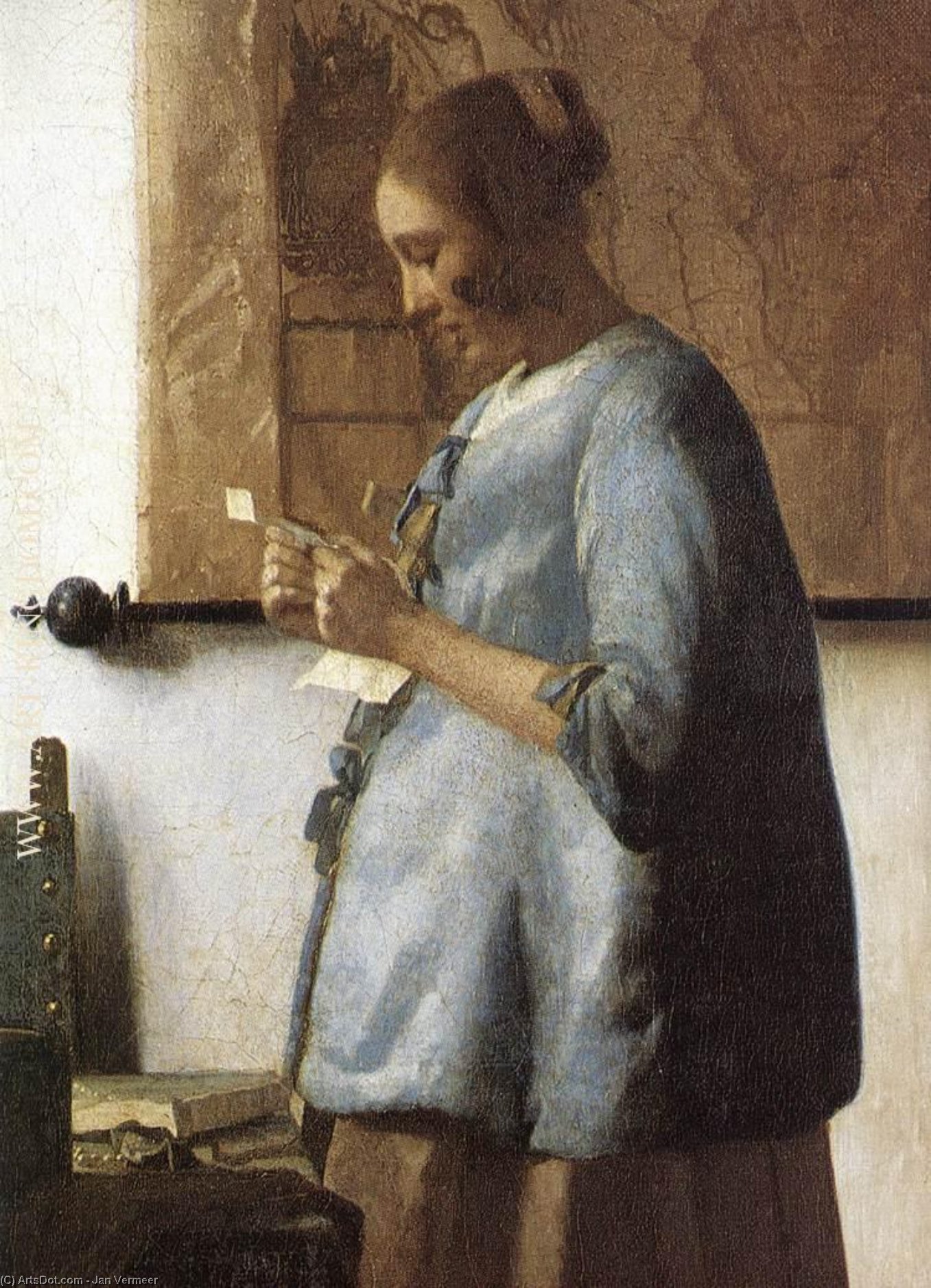 WikiOO.org - Энциклопедия изобразительного искусства - Живопись, Картины  Jan Vermeer - женщина в голубой Прочитав     письмо  фрагмент
