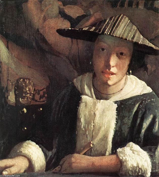 Wikioo.org – La Enciclopedia de las Bellas Artes - Pintura, Obras de arte de Jan Vermeer - niña joven enestado  Un  flauta